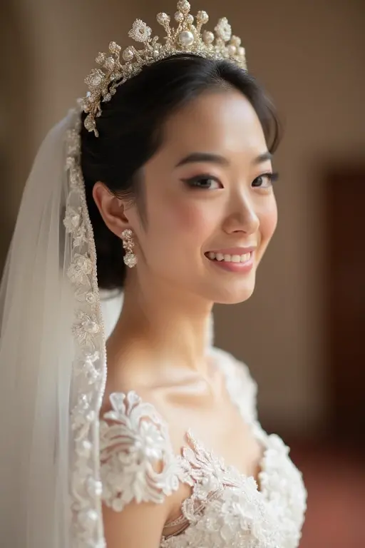 Japanese wedding fashion pattern,Wear a sari with a veil,Happy expression on face, Detal Face, Extremely realistic, 8K, insanely details, intricately details, Cinematic color graded, , and deep , In bed pose, On the bedroom bed