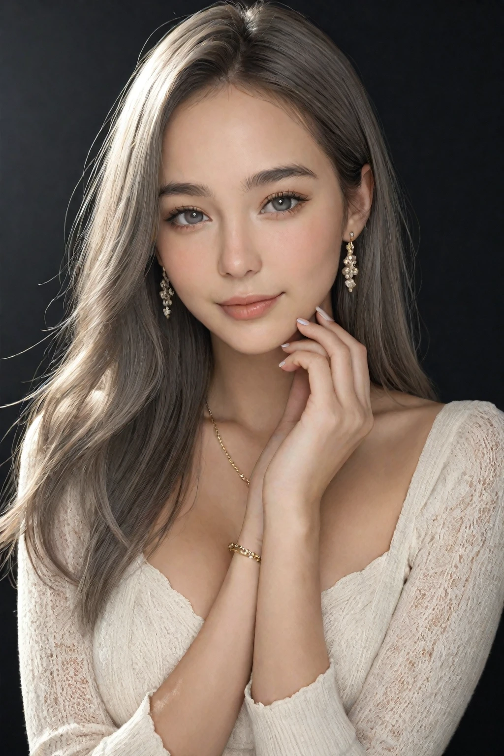 masterpiece, best quality, beautiful detailed eyes, ultra-detailed, (intricate details:1.2), elaborate features, beautiful, mystery, fantasy, masterpiece, best quality, high detailed portrait, hyper realistic, intricate detail , green glowing eyes, smile, (white hair:1.2), straight long hair , looking at viewer, high heels, a mystical caucasian maiden (ornate stockings), ankle silver bracelets, large breasts, (((perfect beautiful high detailed face))), (grey skin:1.9) <lyco:coloredSkinLoha_v219:0.75>, ((realistic detailed grey skin)):1.2, hyper realistic lifelike 3d, zentangle, night, dark <lora:hipoly3DModelLora_v20:0.4:NP>