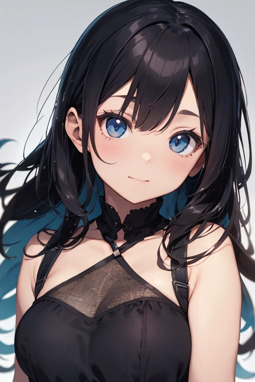 (masterpiece:1.4、top-quality、illustration:1.4,realistic、)、(character focus、breast focus,upper body:1.3)、(1girl),(Open mouth happy smile:1.3),(cute),cute face,blue eyes、(cute)、
,(stand:1.4),(black long hair),
,(slender),lace dress:1.3),
(),(), (small breasts:1.3)、
、slender、