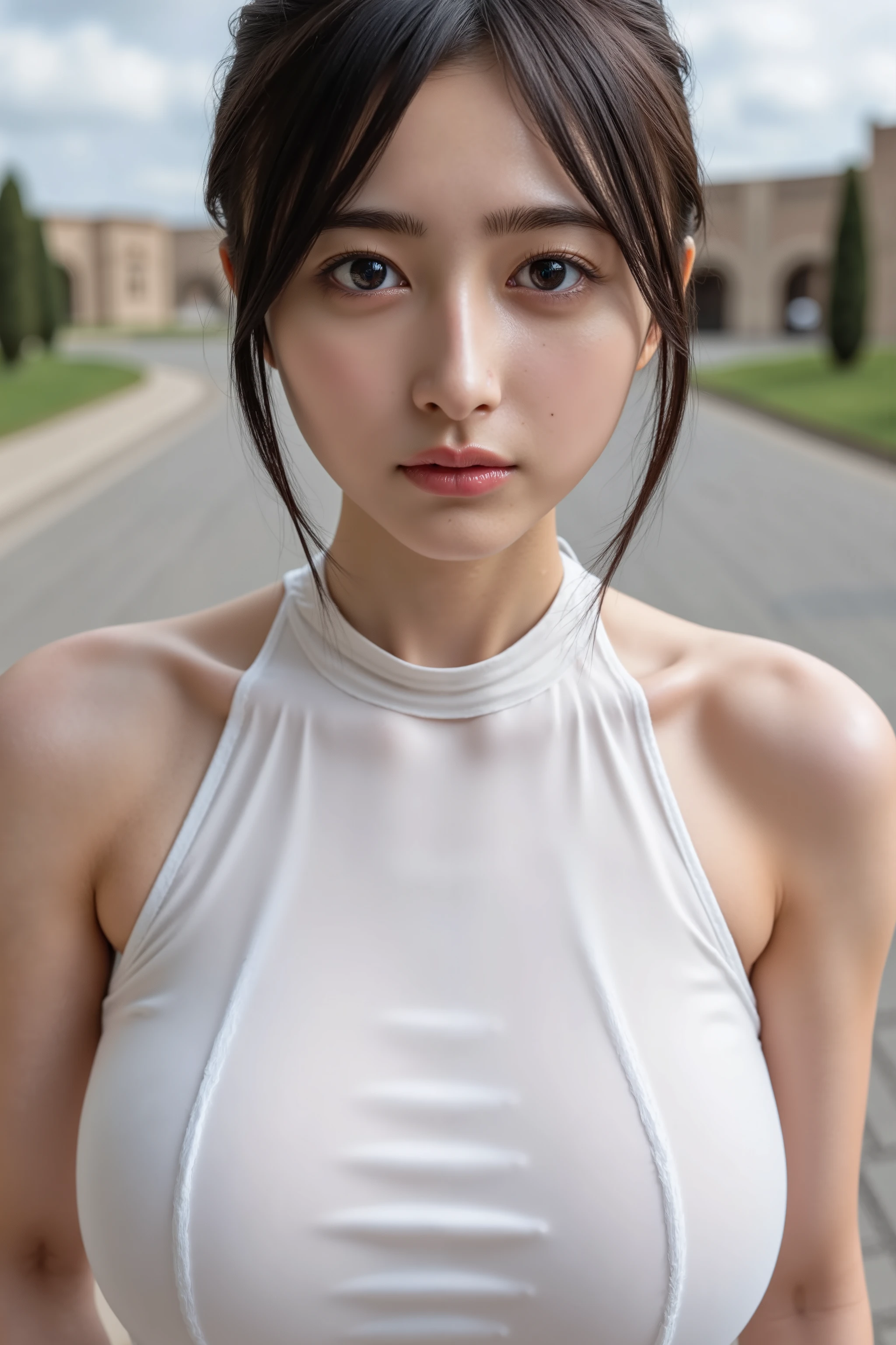 "Masterpiece, high quality, detailed, high resolution, 4k, 8k, realistic skin texture, amazing shadows, perfect lighting, hyper-realistic." A woman running (white fair skin, big chinese eyes, outlined face, thin face, gloves, ponytail, toned abs, makeup, dark eye shadow), running, detailed field track background, sweaty