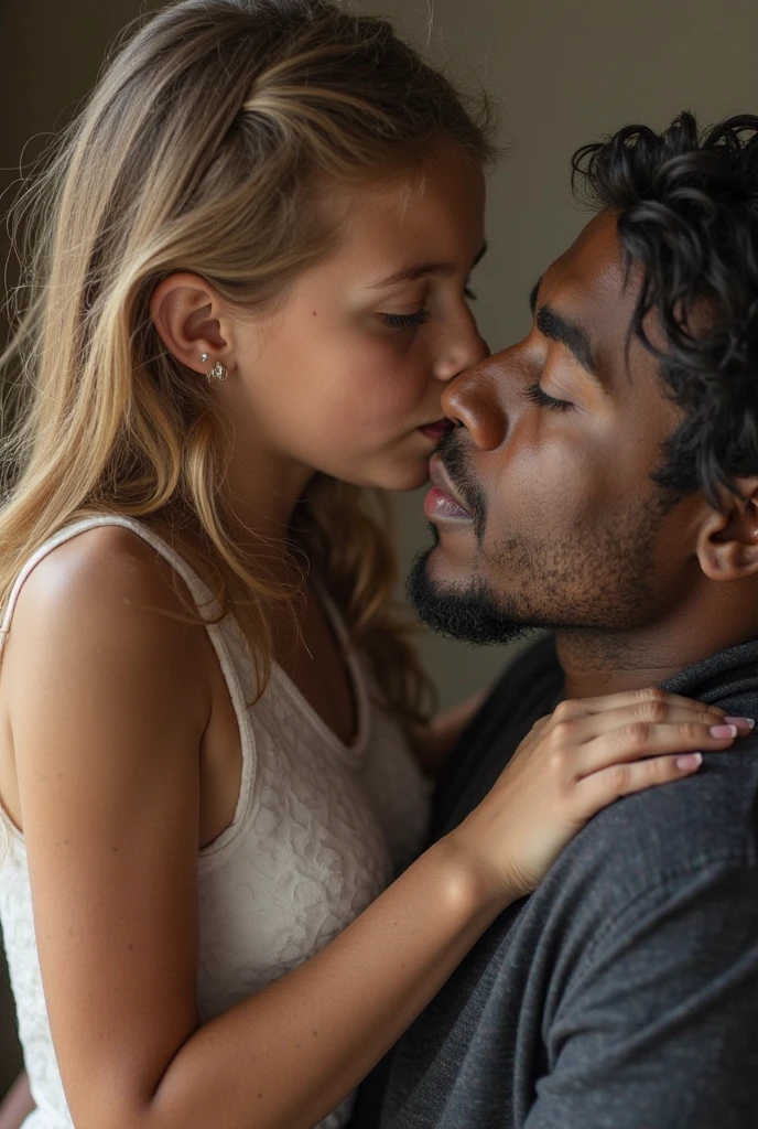 Portrait of an 12 year old girl cute beautiful perfect face petit teen, german, in cotton panties, sad, look down,  2 black african man, evil look, one is very close to her and hugging fron behind (a charming girl's bedroom with silk curtains) sfw