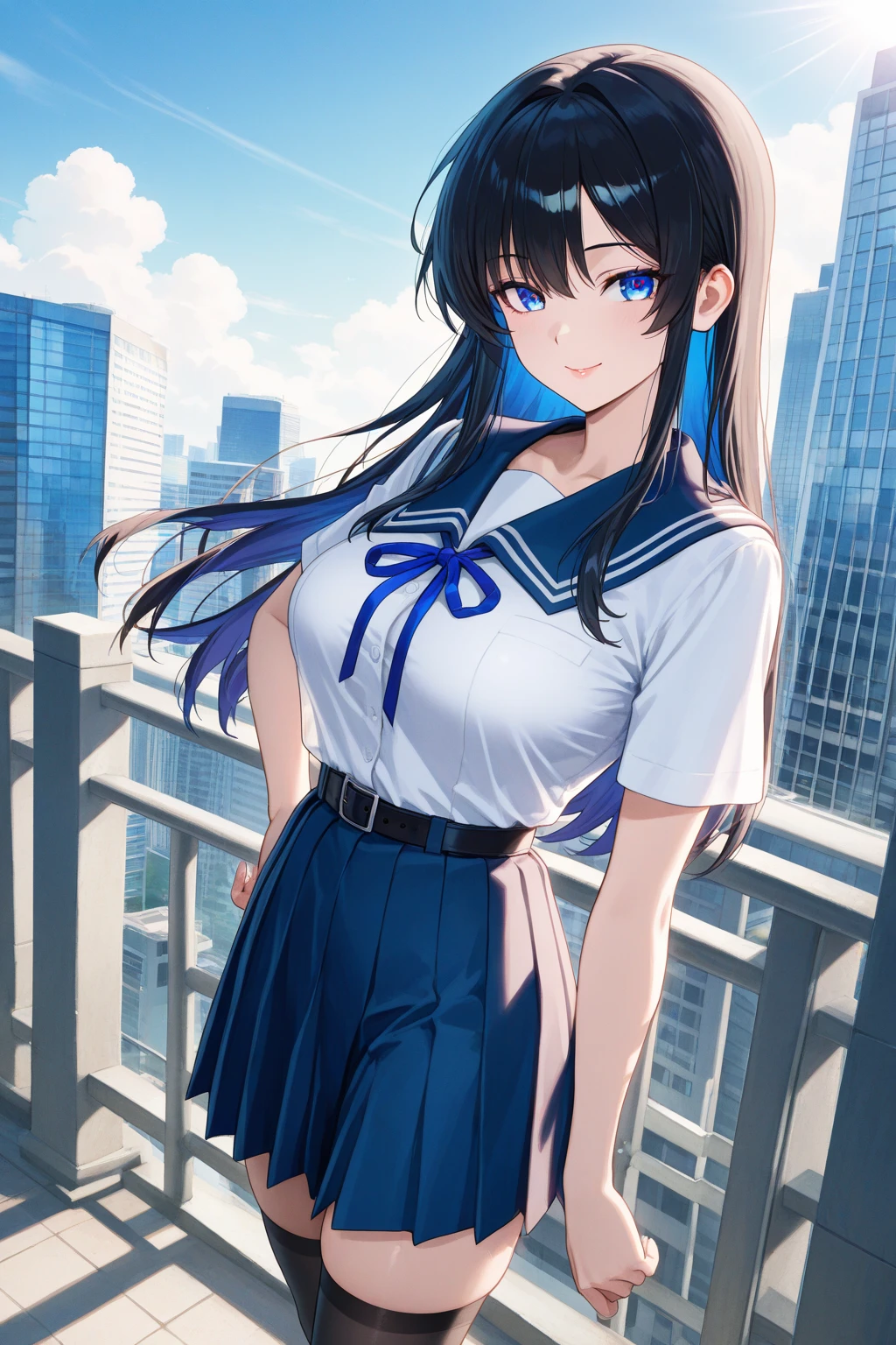 (top-quality、in 8K、32K、masterpiece、nffsw、ighly detailed:1.2)、Full body, (Vibrant city skyline reflected on the tranquil waterfront:1.4)、beautiful shadow、beauitful face、blurry backround、16-year-old beautiful girl、shinny skin, Beautiful black hair、Blunt bangs、 side poneyTail、Brown eyes、a sailor suit、pleatedskirt、Black socks、Black shoes、A smile、Raising arms、crouching down、white panties、thighs thighs thighs thighs、from the front side、Opening legs、