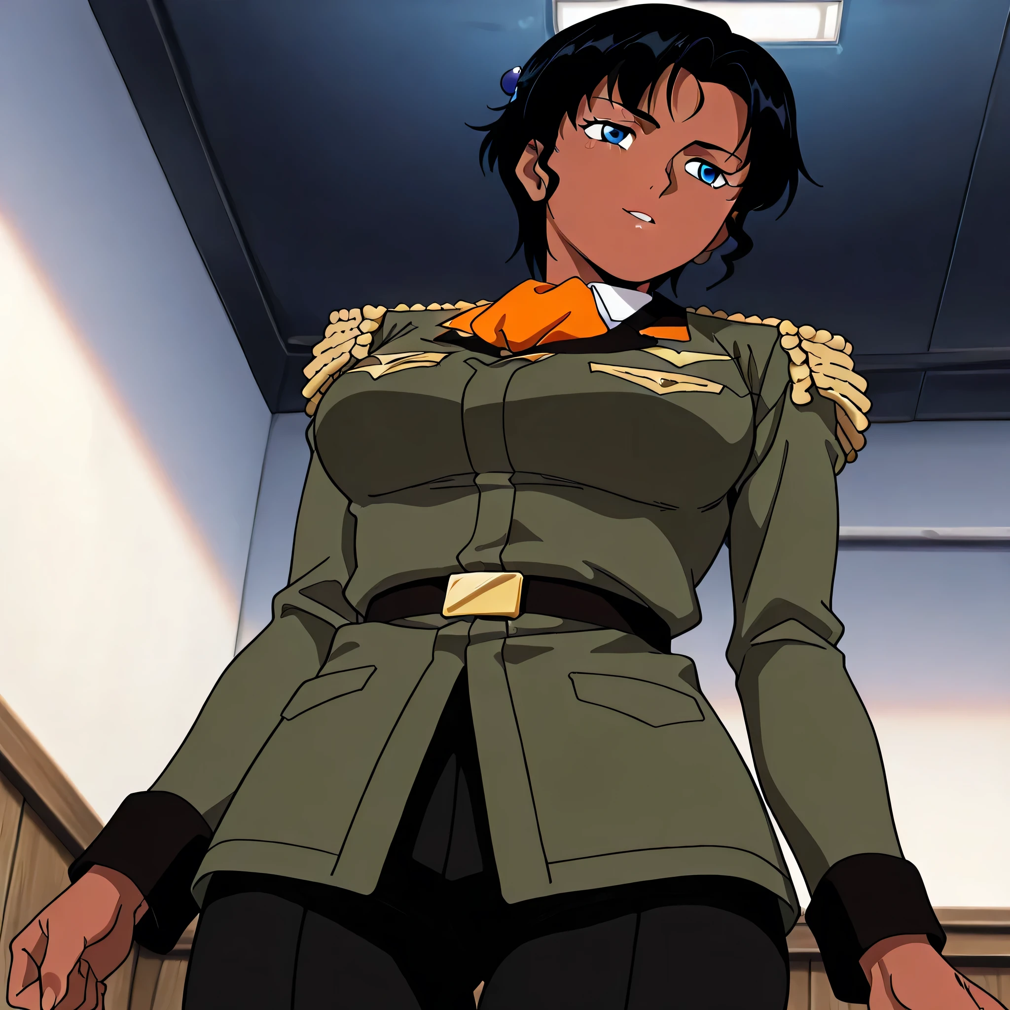 (((Masterpiece))), (((Best Quality))), ((Super Detail)), ultra-High resolution, score_9,score_8_up,score_7_up,score_6_up,score_5_up,score_4_up, BREAK, source_anime, anime screencap, uncensored, Masterpiece, (absurdres), (detailed background), (very aesthetic), detailed beautiful eyes, outstanding, countershading, detailed soft lighting, an exquisite animation illustration, curvy, highres, uniform, military uniform, green jacket, long sleeves, epaulettes, white shirt, orange ascot, belt, black pants, (((solo, 1girl))), hair ornament, seductive pose, submissive pose, anime style, anime coloring, animification, megami magazine, sexy pose, large breast, marbet_fingerhat, black hair, short hair, dark skin, blue eyes,