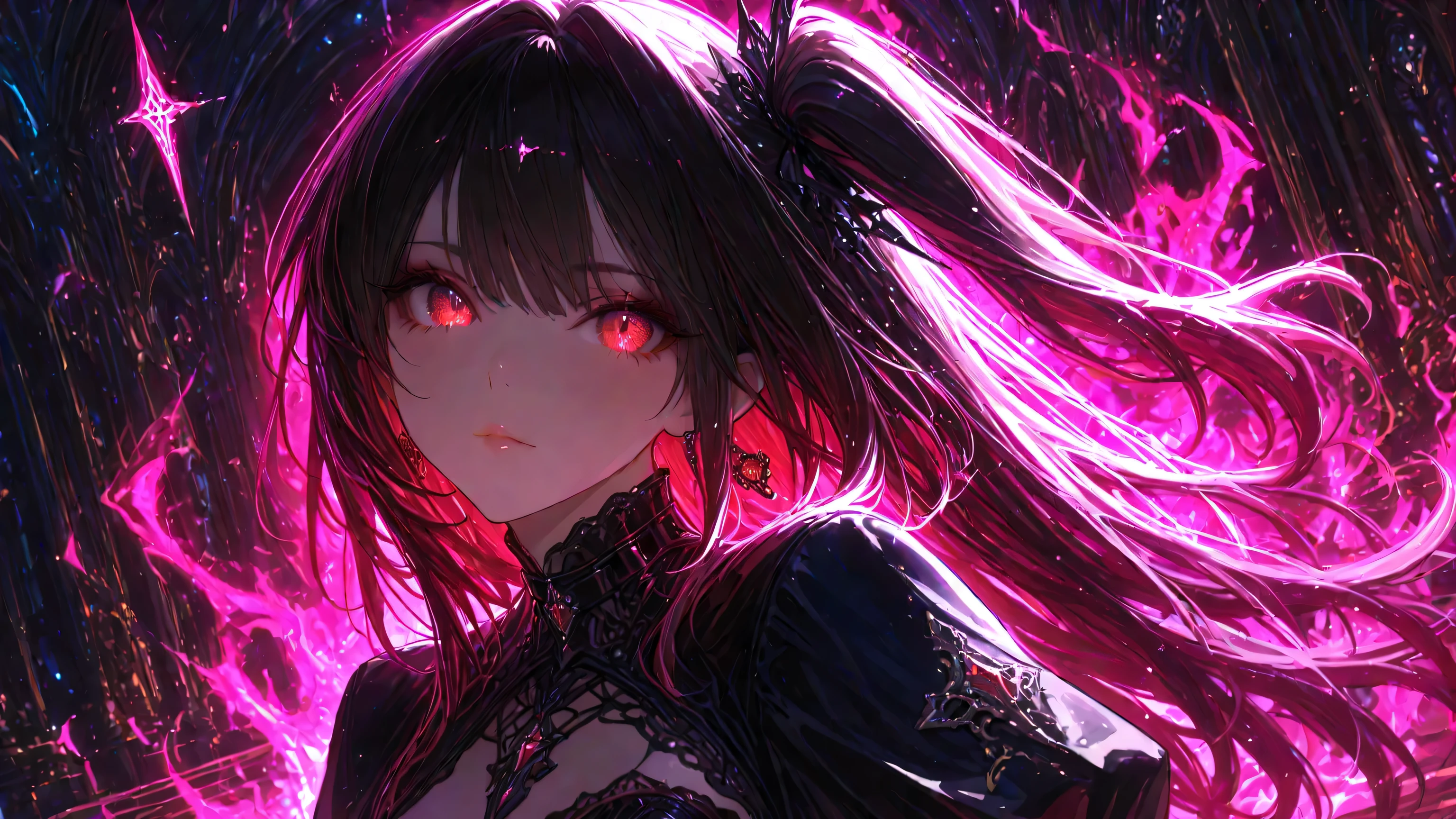   {{{masterpiece}}}, {{{best quality}}}, {{ultra-detailed}}, {illustration}, {{an extremely delicate and beautiful}},  general , aura light,Sluisap ,XXX668 _illu,748cmstyle,dark gothic, great quality,  CHARACTER FOCUS ,  minimalist,  side angle,  upper body,  Princess cut, Long hair, Cybernetic , pose , DYNAMIC ANGLE,  face focus,  Watch viewers,  backlight,  one side light ,fantasy world background  ,   fantasy background 