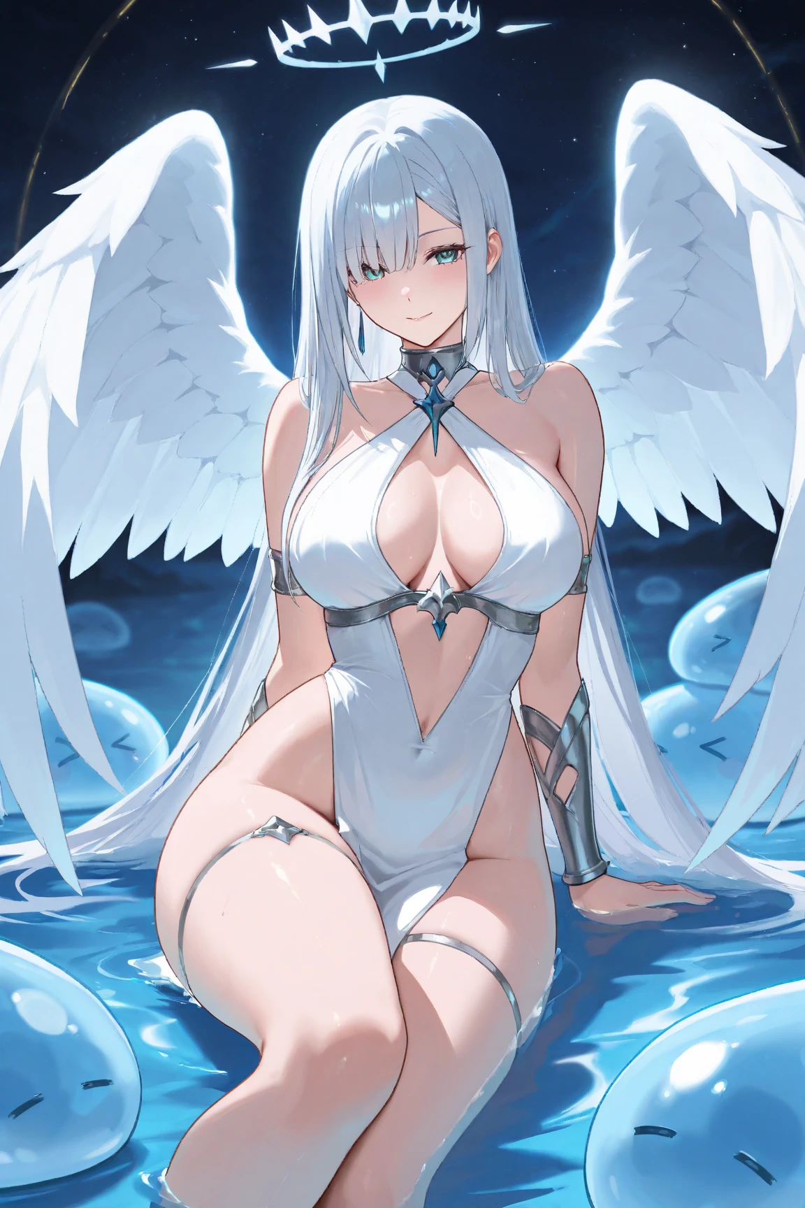 (Trading Card Game Frames:1.7),(Lake in the mountains:1.3),(Sheer and revealing white fluffy outfit:1.3, ),(Angel with glass wings floating on lake:1.3), (Glass Dragon Behind:1.3),Shiny Silver Shorthair,disheveled ponytail,Cute smile,Perfect round face,Black eyes,A cheerful smile that makes the viewer happy,Proper body proportion,Intricate details,Very delicate and beautiful hair,photos realistic,Dreamy,Professional Lighting,realistic shadow,Solo Focus,Beautiful hands,Beautiful fingers,Detailed finger features,detailed clothes features,Detailed hair features,detailed facial features,top-quality,Ultra-high resolution output image,) ,(The 8k quality,),(Image Mode Ultra HD,),(Image Mode Ultra HD,),Science fiction fantasy