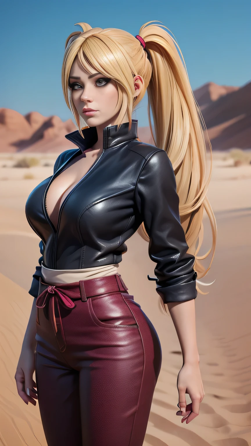RAW digital art, ultra-realistic 3D render of a stunning woman resembling Naruko from Naruto, ((highly detailed face:1.3)), (flawless skin texture, naruto facial whisker makeup, very very long blonde pigtails: 1.2), expressive eyes with subtle reflections, soft shadows and cinematic studio lighting, Pixar-inspired style blending vibrant colors with realistic details, smooth yet detailed hair strands, perfectly portioned body, thin, perfect , cleavage, (wearing Gara outfit, maroon long-sleeve tunic with high collar, dark pants tucked into black shinobi sandals), large sand gourd strapped to the back, set against the sunlit desert of Sunagakure with wind-swept sand dunes, Leaning slightly to one side, arms behind her back, playful tilt of the head, background softly blurred with warm tones, (8K resolution, intricate textures, sharp focus)