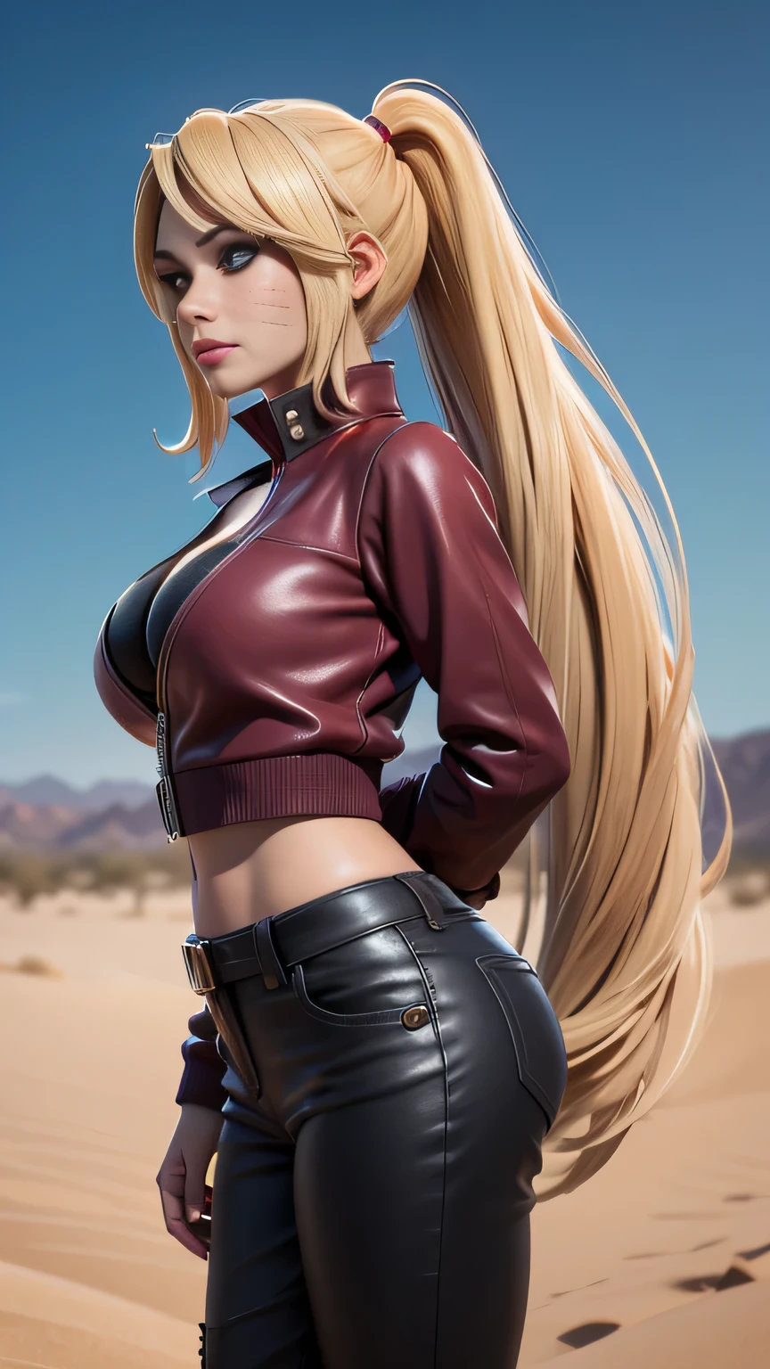 RAW digital art, ultra-realistic 3D render of a stunning woman resembling Naruko from Naruto, ((highly detailed face:1.3)), (flawless skin texture, naruto facial whisker makeup, very very long blonde pigtails: 1.2), expressive eyes with subtle reflections, soft shadows and cinematic studio lighting, Pixar-inspired style blending vibrant colors with realistic details, smooth yet detailed hair strands, perfectly portioned body, thin, perfect , cleavage, (wearing Gara outfit, maroon long-sleeve tunic with high collar, dark pants tucked into black shinobi sandals), large sand gourd strapped to the back, set against the sunlit desert of Sunagakure with wind-swept sand dunes, Leaning slightly to one side, arms behind her back, playful tilt of the head, background softly blurred with warm tones, (8K resolution, intricate textures, sharp focus)