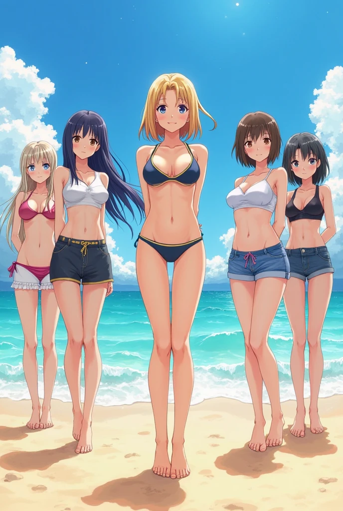 (Thousands of, crowd of), +10girls, only girls, masterpiece, best quality, extremely detailed 8K wallpaper, skin tight, ultra detailed, volumetric lighting, best anatomy, detailed eyes, beautiful eyes, best shadow, retro artstyle, 1990s (style), anime screencap , screencap, beach, sand, palm trees, town in the background, blonde girls, yellow hair, long hair, blue eyes, yellow bikini, only bikinis, matching bikinis, crowd shot, ponytail, crowded, standing in formation, in neat rows, shoulder to shoulder, looking at viewer, facility
