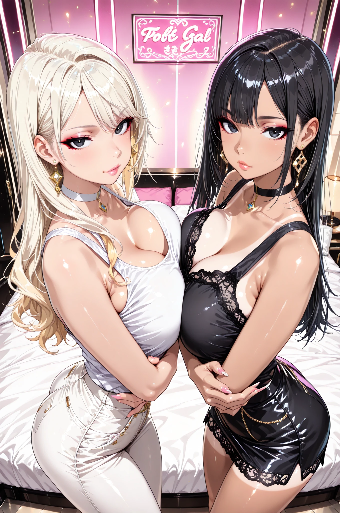 ((tmasterpiece,best qualtiy)),huge tit,Blush, Blonde hair, st louis\(luxurious wheels\) \(azur lane\), High- sharpness, HighestQuali, illustratio, cinematric light, ultra - detailed, 详细的脸, (Detailed eyeest qualtiy, ultra - detailed, tmasterpiece, (详细的脸),big cleavage breasts, hair adornments, 耳Nipple Ring, choker necklace, sportrait, silver lingerie, Clothing that exposes, higher detailed, glowing light eyes, (inns: 1.2), sit on a bed, Sat down, Beds, janelas, nigh sky, The light from the back window is backlighted, llight rays, (hight contrast), (a color),Three girls,
