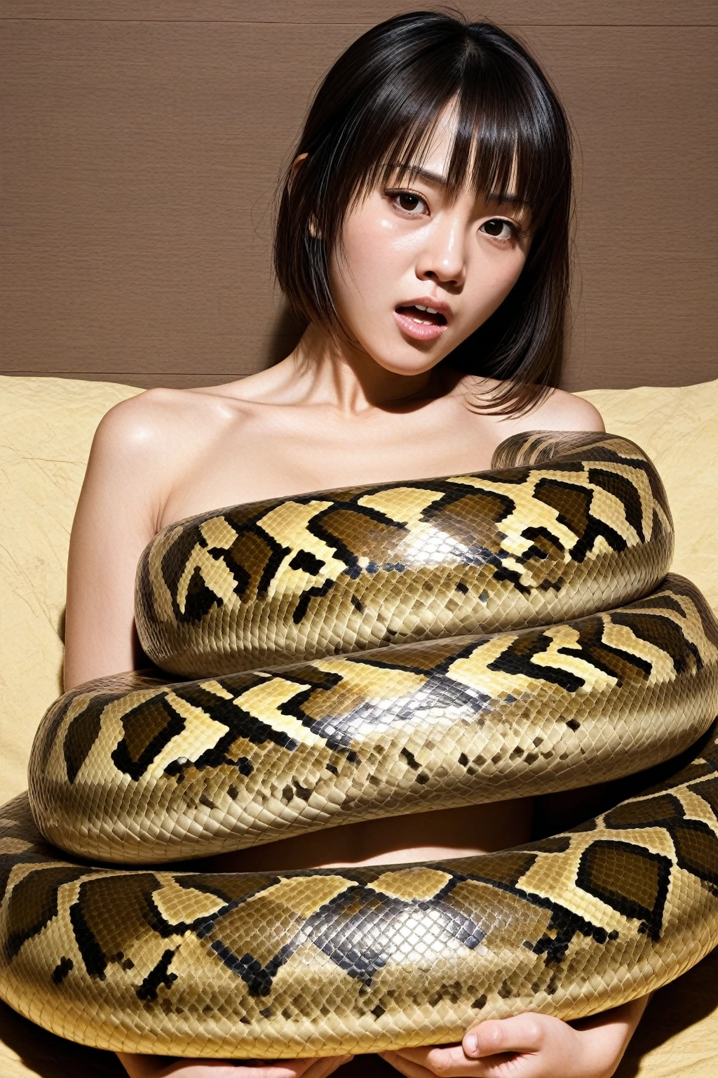 Topless pink panties Happy Horny, aroused 1girl), beautiful kneeling Asian young teen girl with giant colossal black titanboa squeezing her hard, wrapped in thick spiraling coils, constricted, struggle, gasping for air, snake attack, snake peril, moonless night, dim light