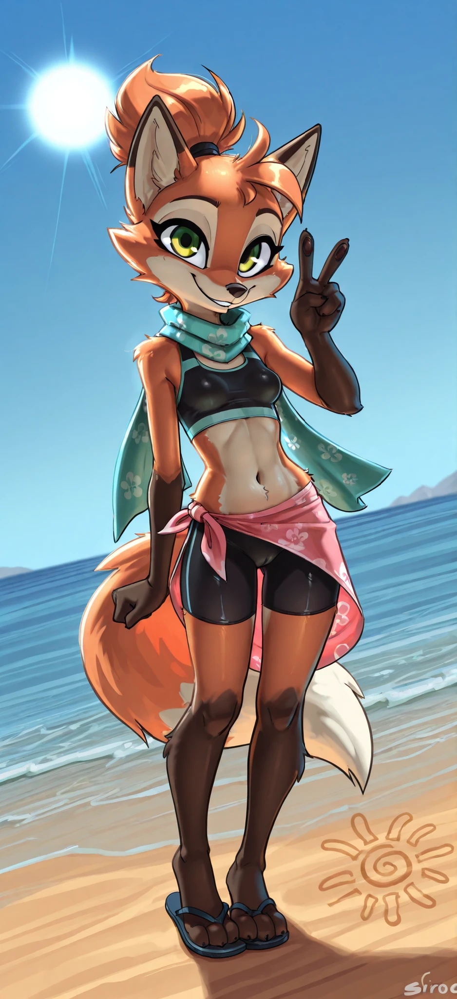 score_9, score_8_up, score_7_up, 1girl, source furry, absurdres, masterpiece, best quality, amazing quality, siroc, solo, dynamic angle, fleetfox, furry, fox, orange body fur, green eyes, female, short hair, spiky pointed bangs tuft, fleetSummer, black tankini, midriff, black bike shorts, navel, turquoise long scarf with flower pattern, pink sarong, flip flops, full body, feets with three toes, small breasts, ponytail, smile, standing, v, peace sign with one hand, beach on background, clear sky, sun, front view,
