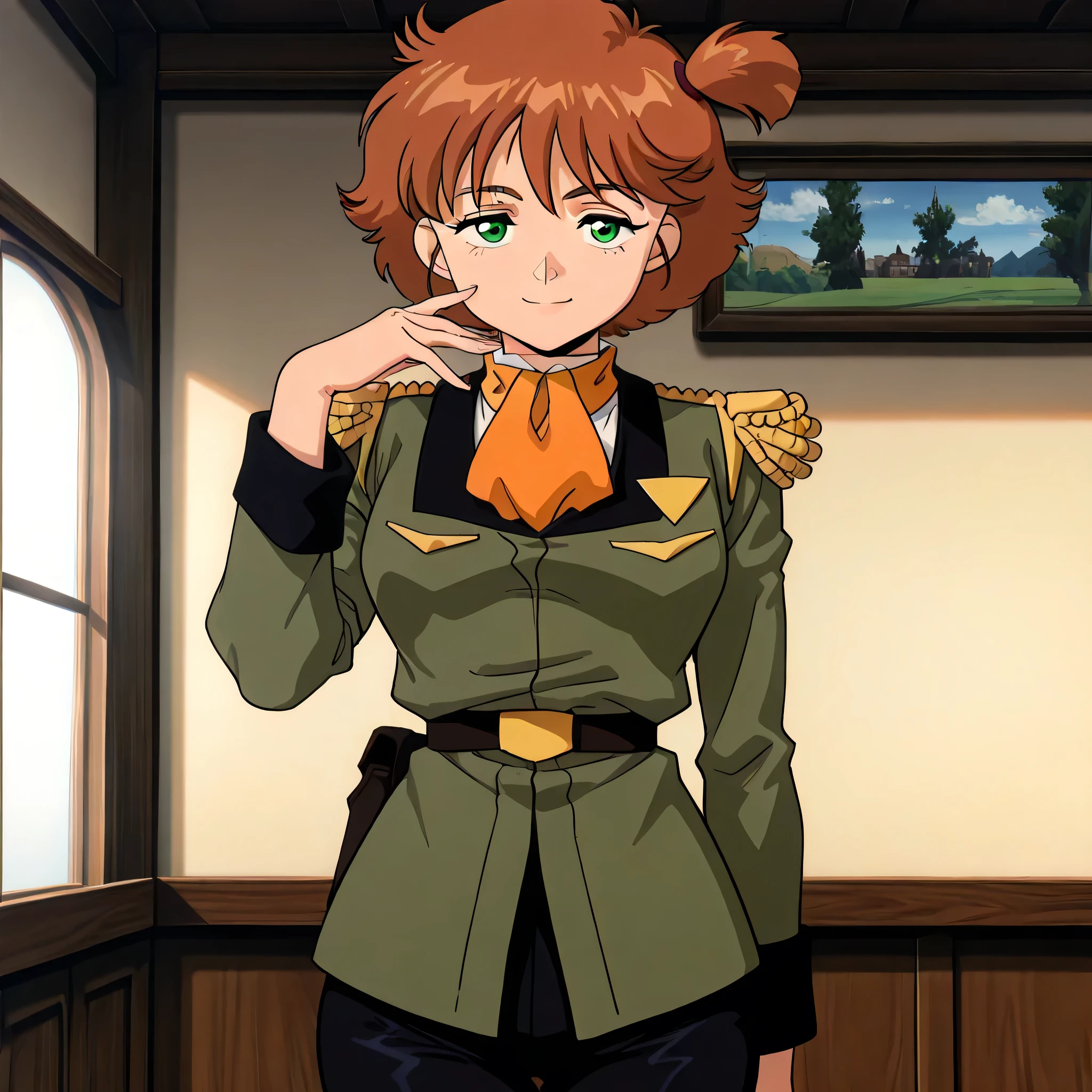 (((Masterpiece))), (((Best Quality))), ((Super Detail)), ultra-High resolution, score_9,score_8_up,score_7_up,score_6_up,score_5_up,score_4_up, BREAK, source_anime, anime screencap, uncensored, Masterpiece, (absurdres), (detailed background), (very aesthetic), detailed beautiful eyes, outstanding, countershading, detailed soft lighting, an exquisite animation illustration, curvy, highres, uniform, military uniform, green jacket, long sleeves, epaulettes, white shirt, orange ascot, belt, black pants, (((solo, 1girl))), hair ornament, seductive pose, submissive pose, anime style, anime coloring, animification, megami magazine, sexy pose, small breast, Suzy Relane, green_eyes, bangs, brown_hair, short_hair, side_ponytail, smile, happy