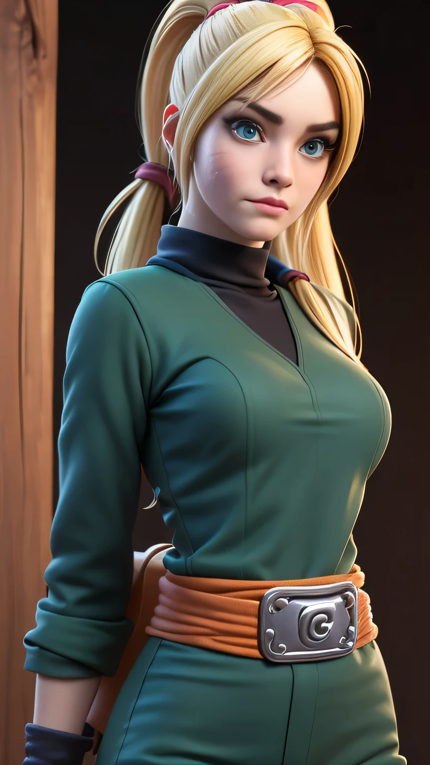 RAW digital art, ultra-realistic 3D render of a stunning woman resembling Naruko from Naruto, ((highly detailed face:1.3)), (flawless skin texture, naruto facial whisker makeup, very very long blonde pigtails: 1.2), expressive eyes with subtle reflections, soft shadows and cinematic studio lighting, Pixar-inspired style blending vibrant colors with realistic details, smooth yet detailed hair strands, perfectly portioned body, thin, perfect large breasts, cleavage, (wearing Rock Lee outfit, green long-sleeve jumpsuit with red leg warmers, orange belt tied at the waist, blue shinobi sandals, set against a sunlit Hidden Leaf Village training ground with wooden posts and scattered kunai, Leaning slightly to one side, arms behind her back, playful tilt of the head, background softly blurred with warm tones, (8K resolution, intricate textures, sharp focus)