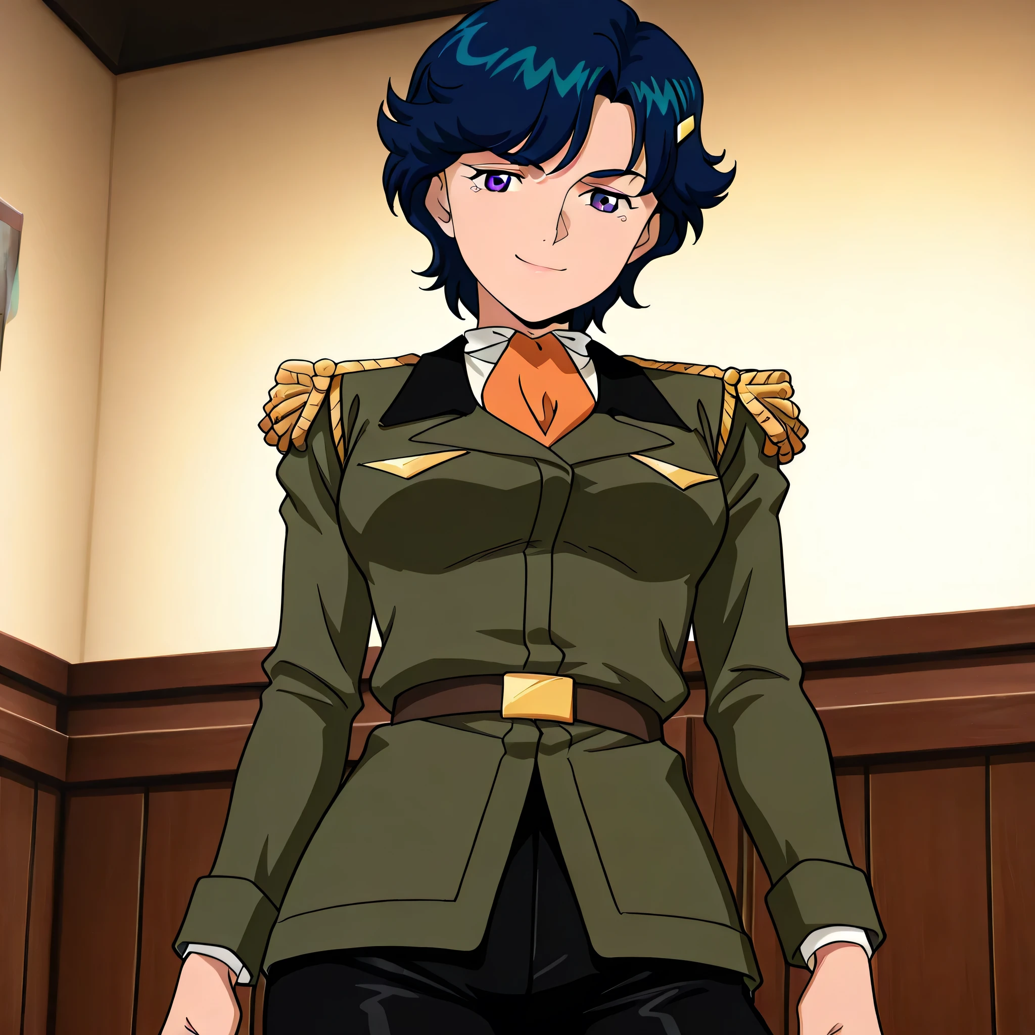 (((Masterpiece))), (((Best Quality))), ((Super Detail)), ultra-High resolution, score_9,score_8_up,score_7_up,score_6_up,score_5_up,score_4_up, BREAK, source_anime, anime screencap, uncensored, Masterpiece, (absurdres), (detailed background), (very aesthetic), detailed beautiful eyes, outstanding, countershading, detailed soft lighting, an exquisite animation illustration, curvy, highres, uniform, military uniform, green jacket, long sleeves, epaulettes, white shirt, orange ascot, belt, black pants, (((solo, 1girl))), hair ornament, seductive pose, submissive pose, anime style, anime coloring, animification, megami magazine, sexy pose, medium breast, Elischa, purple eyes, blue hair, short hair, smile