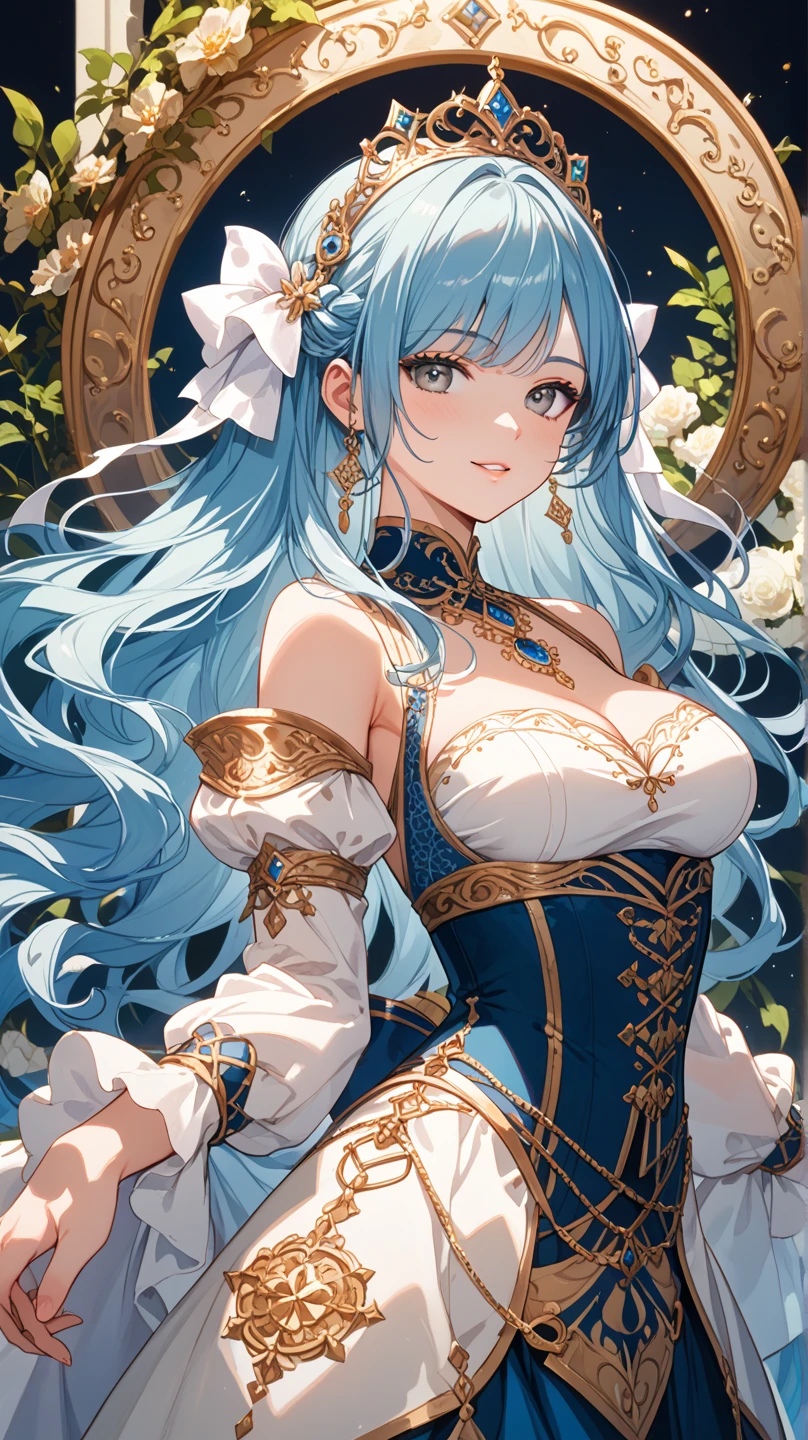 ultra-detailed, extremely detailed,((anime artstyle)),Masterpiece,(Best Quality),(Super Detail),(Very Delicate and Beautiful),cinematic lighting,((Solo)),(((full body))),full body,((detailed face and eyes)),perfect eyes, rendered eyes,jewel-like beautiful eyes,cry,((embarrassed,blush)),((1 princess in beautiful embroidery and jeweled gorgeous rococo ballgown with frilled voluminous full length hoop skirt)),((Crinoline)),beautiful embroidery and jeweled gorgeous rococo ballgown with frilled voluminous full length hoop skirt,(large amount of straight hair,extremely voluminous Very Long straight Hair,Absolutely Long Straight Hair),sparkly skin,(((very gigantic boobs))),skindentation,Bursting breasts,cleavage,((fantasy castle,outdoors,outside the castle)),long_gloves,extremely gorgeousfull jeweled hair ornament,(bling-bling extremely gorgeousfull jeweled tiara),(luxurious jewelry),full body,beautiful embroidery and jeweled gorgeous rococo ballgown with frilled voluminous full length hoop skirt