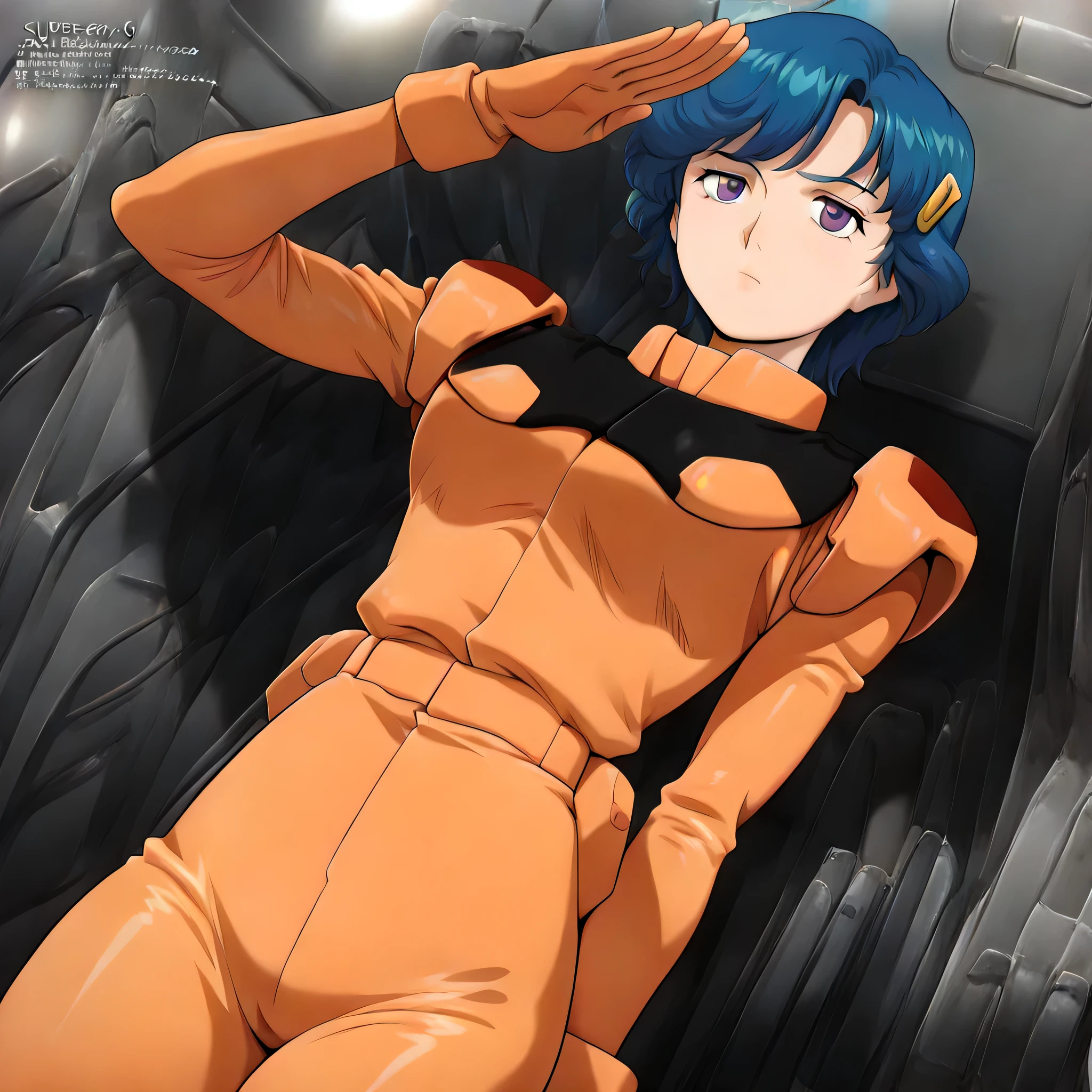 (((Masterpiece))), (((Best Quality))), ((Super Detail)), ultra-High resolution, score_9,score_8_up,score_7_up,score_6_up,score_5_up,score_4_up, BREAK, source_anime, anime screencap, uncensored, Masterpiece, (absurdres), (detailed background), (very aesthetic), detailed beautiful eyes, outstanding, countershading, detailed soft lighting, an exquisite animation illustration, curvy, highres, zanscare pilot suit, gloves, uniform, bodysuit, pilot suit, orange bodysuit, (((solo, 1girl))), hair ornament, seductive pose, submissive pose, anime style, anime coloring, animification, megami magazine, sexy pose, small breast, salute, saluting, standing at attention, standing still, standing, expressionless, emotionless, spaceship interior, dutch angle, dynamic angle, cinematic angle, medium breast, Elischa, purple eyes, blue hair, short hair,
