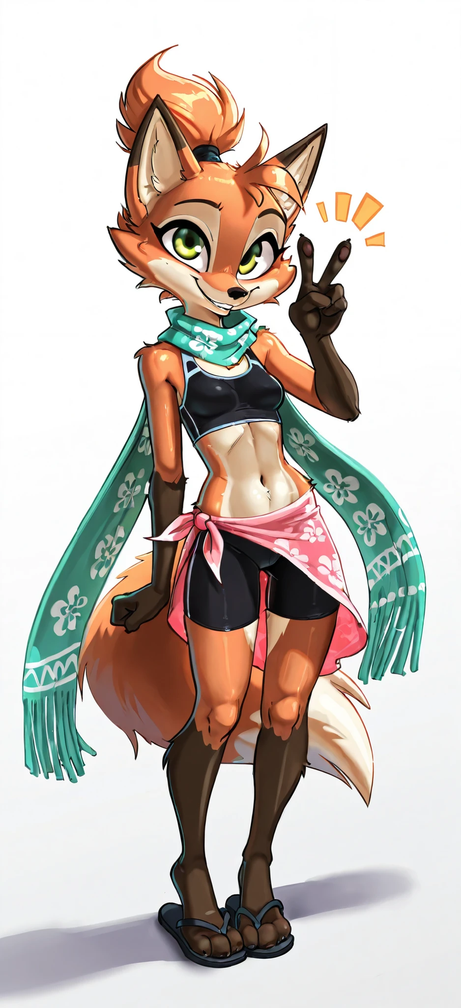 score_9, score_8_up, score_7_up, 1girl, source furry, absurdres, masterpiece, best quality, amazing quality, siroc, solo, dynamic angle, fleetfox, furry, fox, orange body fur, green eyes, female, short hair, spiky pointed bangs tuft, fleetSummer, black tankini, midriff, black bike shorts, navel, turquoise long scarf with flower pattern, pink sarong, flip flops, full body, feets with three toes, small breasts, ponytail, smile, standing, v, peace sign with one hand, white background, simple background, front view,