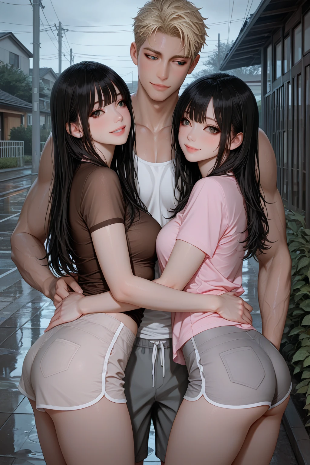(Three men:1.8)、(Having sex:1.8)、(masutepiece:1.5)、(top-quality:1.5)、(16k wallpaper:1.2)、(Photorealsitic:1.2)、(ultra-detailliert:1.2)、(超A high resolution:1.2)、super-detaild skin、Detailed and clean eyes、(naked woman:1.2)、(sodden:1.5)、(The whole body is slimy:1.6)、Dark room in a love hotel、on the beds、mirror walls、Natural Color Lip、(Dark purple panties:1.3)、Black Semi-Long Bob Hair、large full breasts、