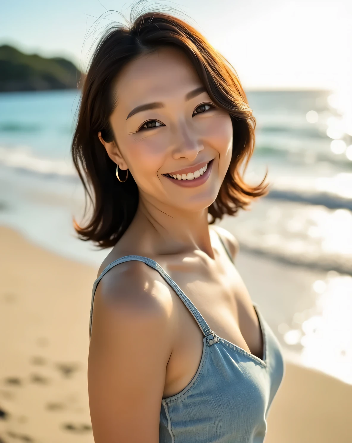 Photo realistic, 50 year old japanese woman smile, (オフショルダーのトップス, denim shorts),playing at the beach