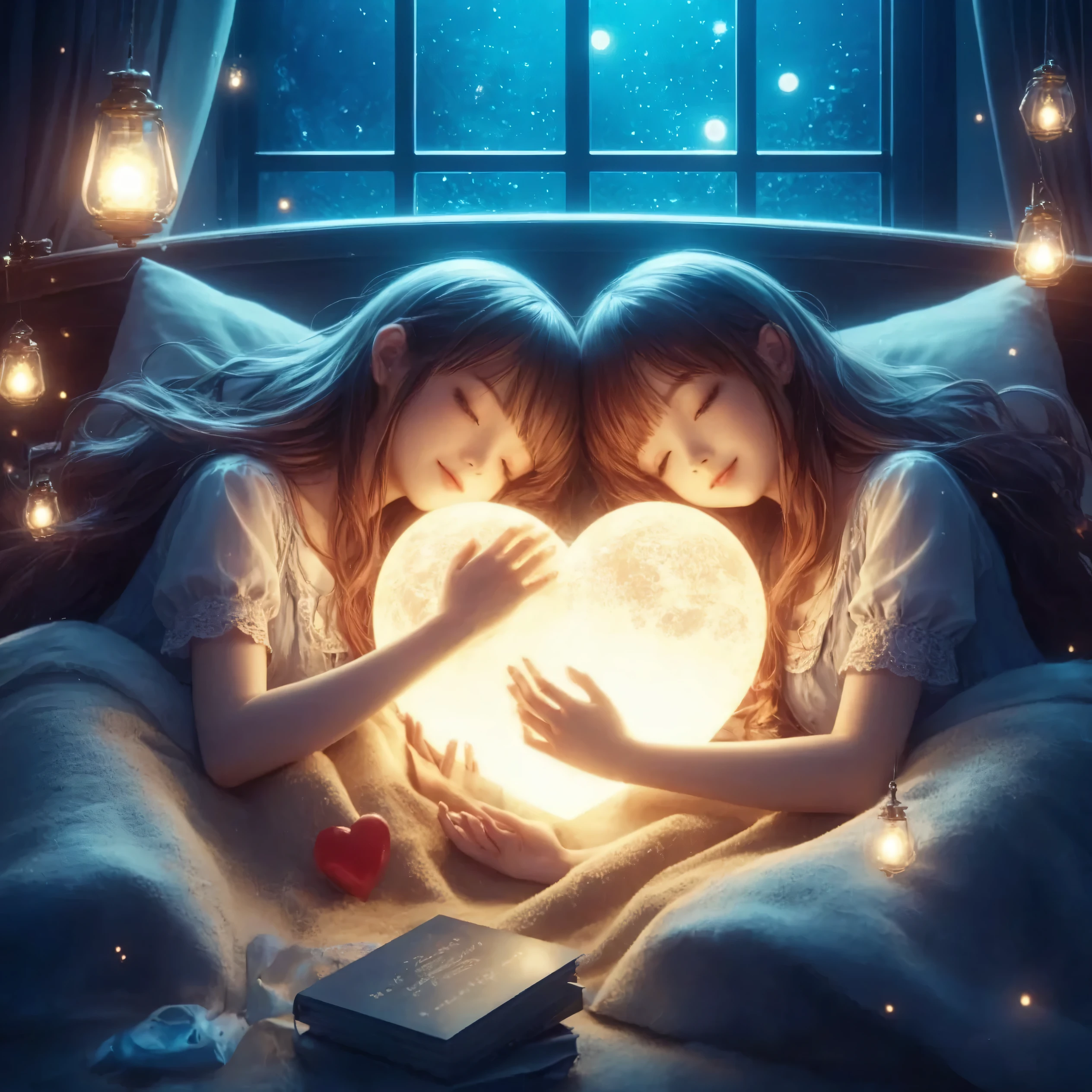Two girls sleep holding the shining moon and the, By Cyril Rolando, Art work in the style of guweiz , dreamlike illustration, Anime Art Wallpaper 8K, Cyril Roland and Goro Fujita, Cyril Roland's Style, anime art wallpaper 4k, Anime Art Wallpaper 4k, Cyril Rolland and M.W Karuta、heart-glowing object lying on the bed、Keseran Paseran、fantastic depiction、Happy Dreams