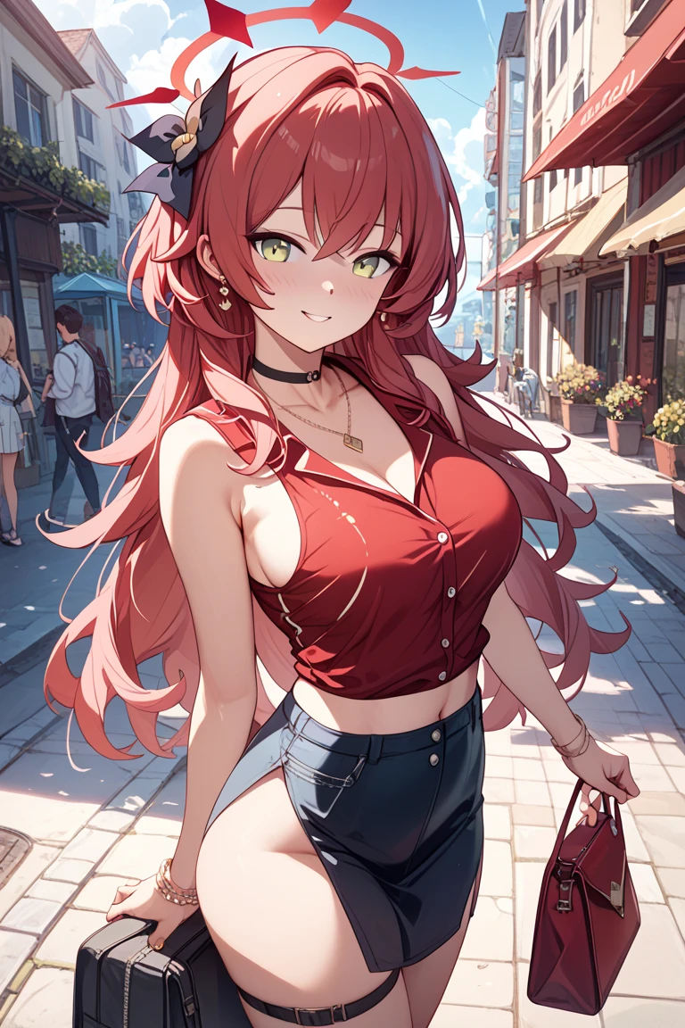 ((top-quality、8K、masterpiece:1.3))、1 girl、In a town where many people walk、Slender Abs、sofas、hyperdetailed face、A detailed eye、double eyelid、medium breasts, Neat and clean 、A smile、short red hair, tan skin, freckles, yellow eyes), detailed and beautiful eyes , (street:1.3), hair blowing in the wind, wearing open sexy clothes, black skirt, Black stockings, oversized jacket, chest harness, black shirt, crop top, skirt, Shoes, O-Ring, midriff, off shoulder, medium breasts, thigh strap, pleated skirt, Low female genitals visible through the skirt、Peek at the viewer、Beautiful graphics、Bright and sunny main street、There are a lot of people、Show me your whole body, is standing、no good、teats see through、The shape of your nipples is noticeable even under your shirt.、No panties、No panties、Detailed female genital shape pantyhose missing、(Facing the front)(((Blushing cheeks、embarassed expression)),(((The skirt is rolled up by the wind)))、Showing female genitalia、、Background depth of field