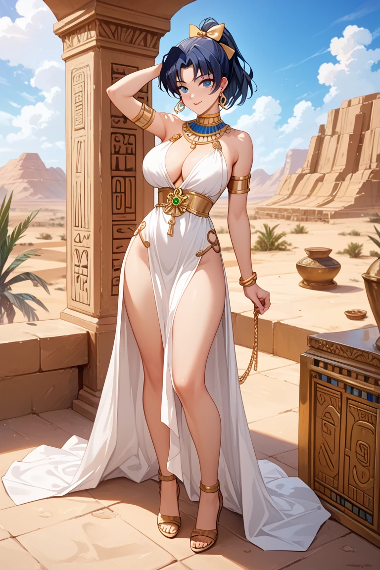 ((Masterpiece)), 8k wallpaper,kousaka honoka, blue eyes,skshonoka,from below,beautiful female model,facial details,glowing eyes,detailed body part details,looking at viewer,(one hand on hip one hand on hair),thighs,navel, cleavage,(golden exposing Egyptian dress), underwear,tiara,in Egyptian desert,sun and pyramid in background.