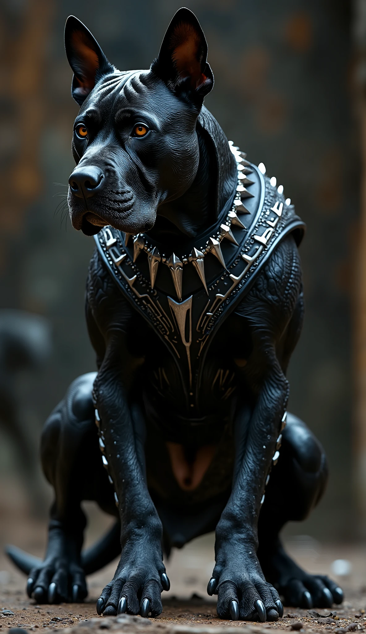 "Detailed HD image of a powerful black dog wearing a full Black Panther suit, sleek and futuristic with glowing silver accents. The dog is standing firmly on all four legs in a natural canine pose, exuding strength and elegance. The suit has a panther-like texture with sharp details, claws visible, and subtle tribal patterns engraved in the armor. Cinematic lighting highlights the glossy black suit and the dog's muscular frame, with a dramatic background that enhances the heroic presence."