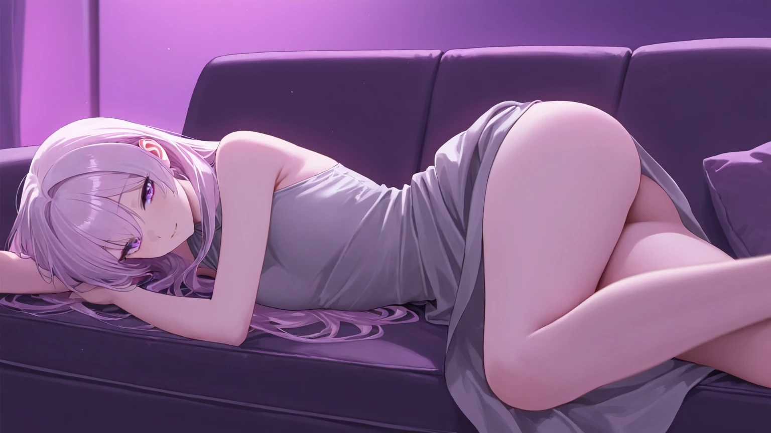 ((8k, Highest quality, masterpiece: 1.3)),Ultra-high resolution,(1 girl, alone), (Color changing eyes, Ultra-detailed, Expressive brilliance, Glitter, Glowing Eyes), Highly detailed eyes, Highly detailed face, Random Hair, ((pastel colour)),A lively young woman with pastel lavender hair styled into a simple braid, lying on her back on a plush rug in her softly lit bedroom during a quiet night. She is dressed in a subtly sexy yoga instructor cosplay, wearing a fitted sports bra and leggings. The camera captures her from a slightly elevated angle as she stretches her arms above her head, her legs slightly spread, while she gazes up with a serene smile. The room is warmly lit by a few candles, with yoga mats and meditation props neatly arranged nearby, creating a peaceful yet alluring atmosphere.