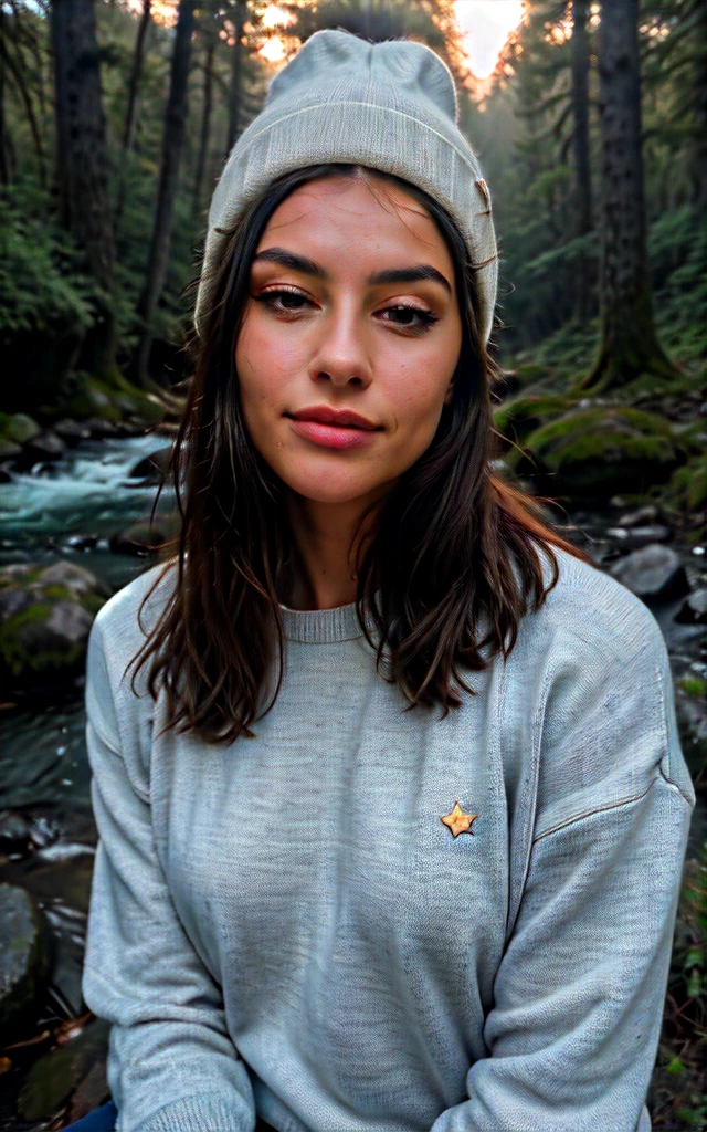 photoréaliste, meilleur qualité, hyper détaillé, beauté, Photo selfie, tenue colorée, Haut du corps petit seins, Porter un pull, dehors, montagnes, La nature de la vie réelle, étoiles, lune, (gai, timide), sac de couchage, Gants, chandail, Beanie, torche, forêt, Roches, rivière, Bois, fumée, dent, ciel dégagé, Style analogique, Regarder le spectateur, texture de la peau, grain du film, Gros plan, Ultra Haute Résolution, Meilleure ombre, .RAW, instagram LUT, Grand soutien-gorge,