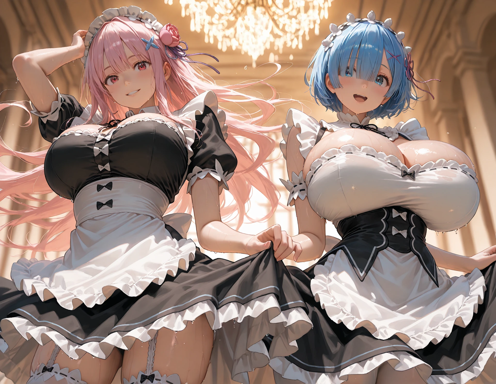 
(masterpiece, highest quality),Again:zero, 2 girls(one person: blue hair, short hair, bangs, Green and yellow eyes),(もうone person:pink hair,short hair,pink eyes) , hair between eyes, hair ornaments, maid headdress, side lock,  cleavage cutout, side boob, looking at the viewer, dynamic pose, smile,happiness,(white and black theme)
(fusion of (sleeveless white high neck
and collared [crop top]) and (black puff
sleeves)), (white tops and black
short sleeves), (wearing a white
half apron over a black skirt), (waist
cincher), (white half apron), (white
maid head-band with ruffles on head,
white brim on head)), (white thigh high
stockings), (white arm warmers, white
long glove)), (black heeled pumps),
 (light-blue theme), (light-blue
lines on skirt), (light-blue ribbon bow
on neck),