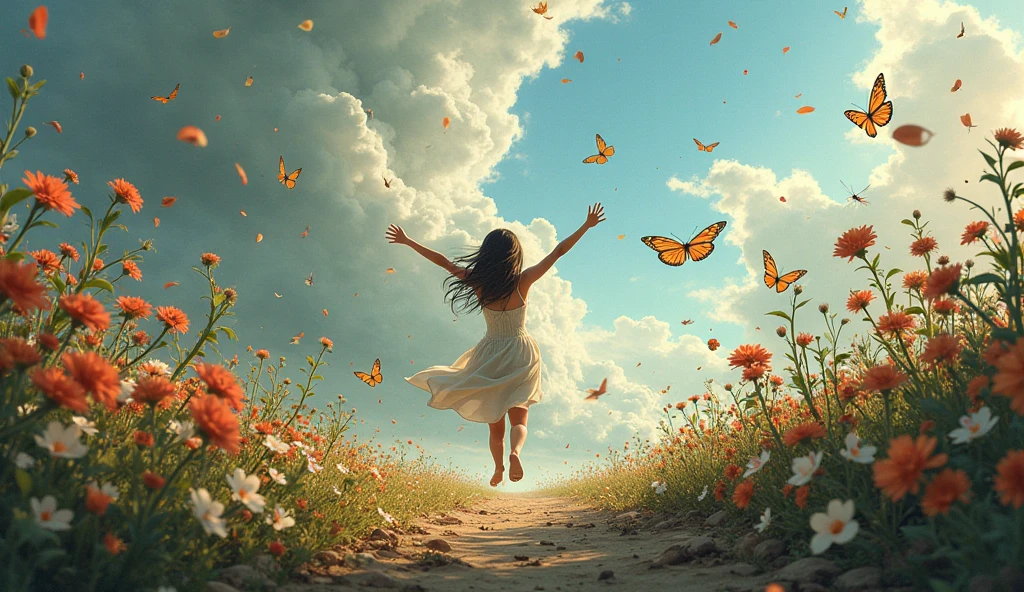 A woman in rainbow color gown jumping and running over a huge chess board mixed placed in a field of carrots, surrounding by different color  butterflies, (HDR quality 4k, 8k, high quality)