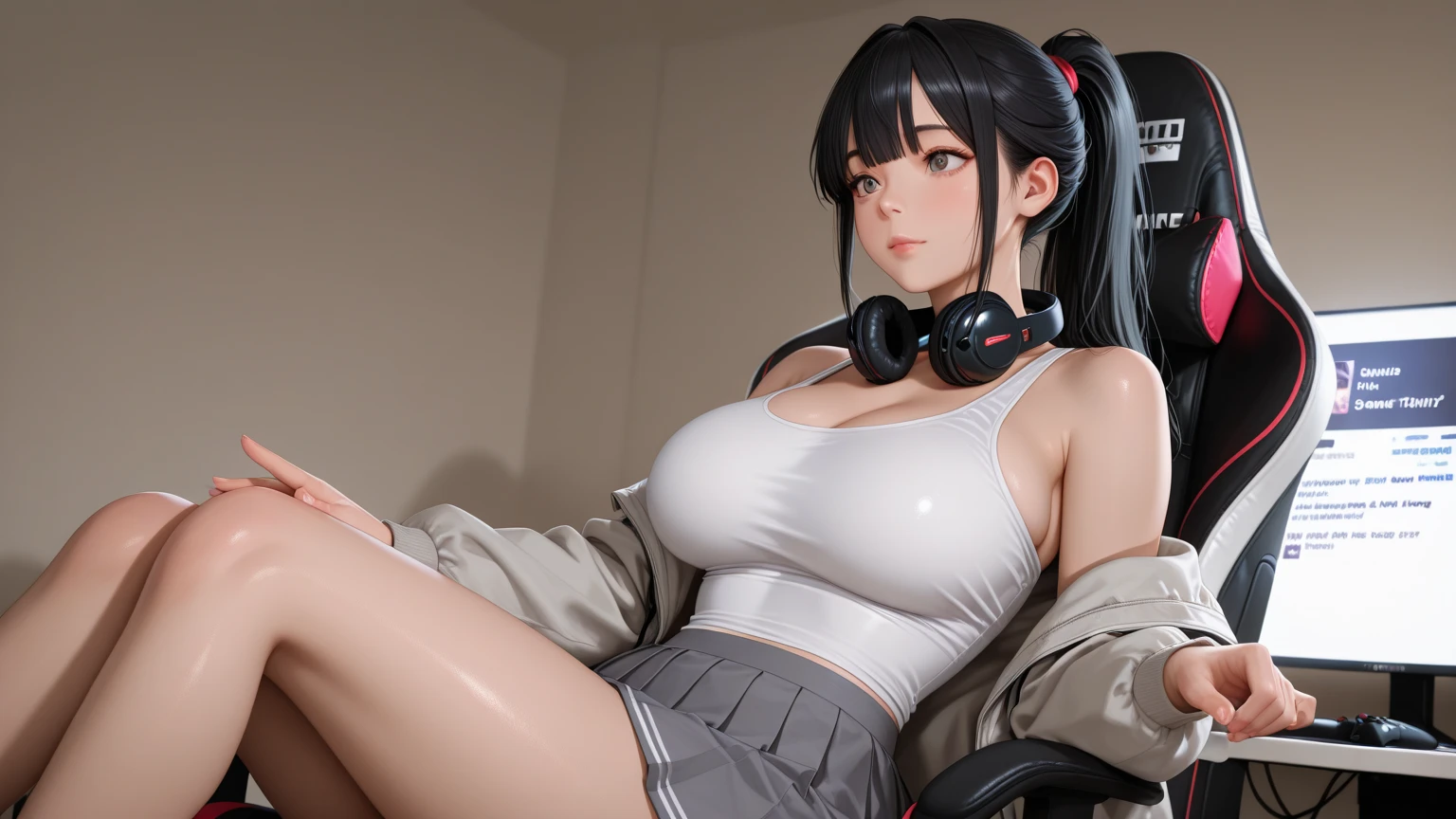 master-piece, bestquality, 1girls,16 years old, View viewers from front, sit, HD, slight smile, big tits, cleavage, tights cloth, bodysuit, tiny body, outdoor, mountain, headphones, whisker markings