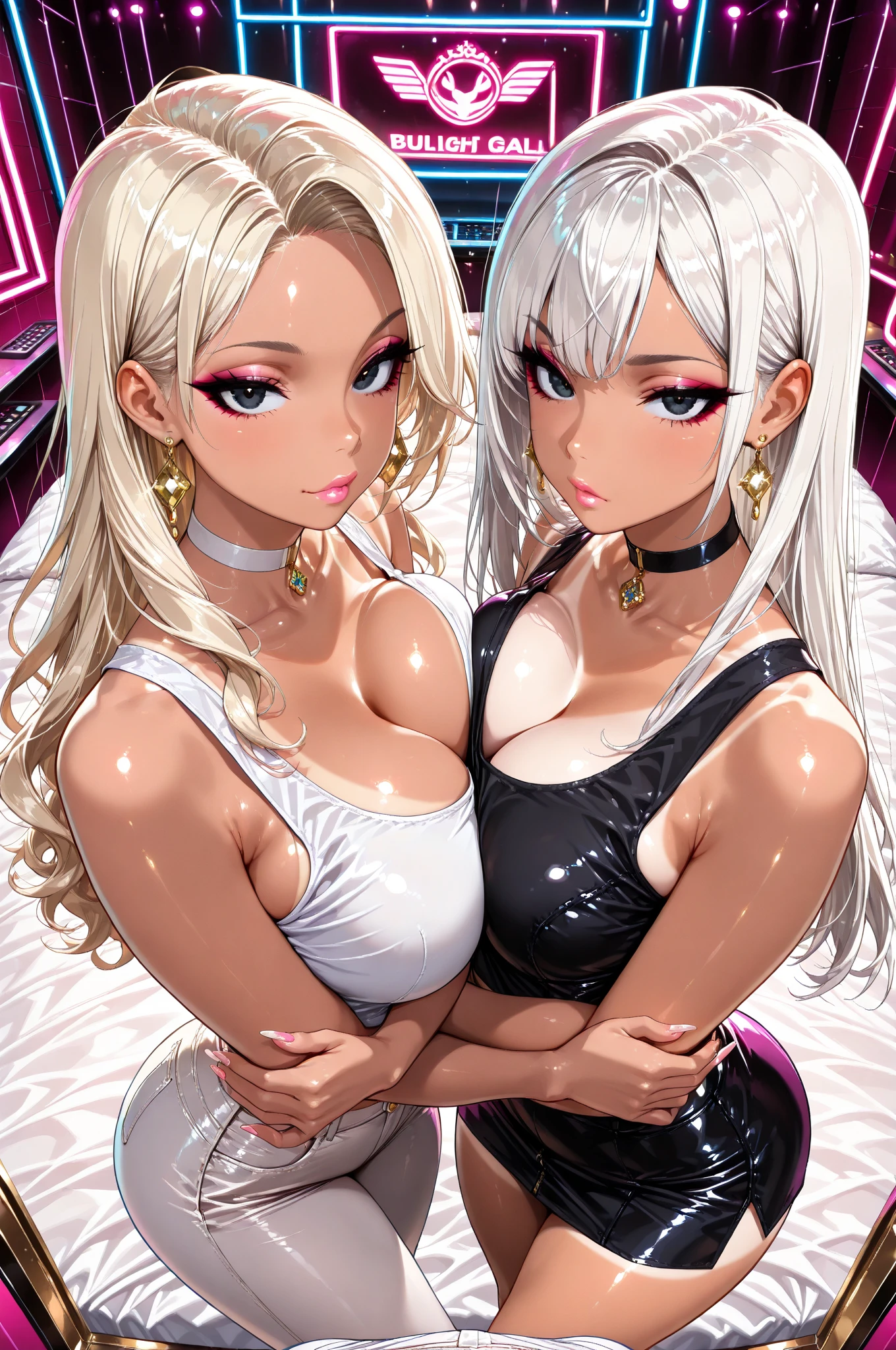 NSFW, (masterpiece:1,2, best quality), (magazine cover), (많은 텍스트가 포함된 다채로운 magazine cover), colorful colorful illustration, manga cover style, attractive, fascinating, Refined, elegant, high fashion, fascinating, elegant, Trend, trend, radiant, head turner, dazzling, elaborate, very cool, dramatic, brave, 20-year-old Japanese mixed-race gravure idol, (Doll-like appearance and slim yet firm body), ((With voluptuous H-cup breasts and rich eyes)), she's a head turner, Her makeup is always perfect, Enhances her natural beauty, (((Photo shoot wearing sexy lingerie,Fits well, Striking neon pink colored micro panties,bra))), (very detailed:1,2),long hair,A lot of gap between the crotch,((stockings)),((((bust)))),((((white hair)))),((Junior position pose))
