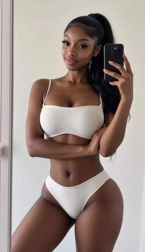 big bubble butt light skinned brazilian girl, T-pose, 1girl, 14 years old, in bathroom, blond hair, big lips, long hair, straight hair, extremely beautiful, blue eyes, ultra full lips, ((ultra thin waist)), micro waist, ultra flat stomach, ultra micro breasts, ultra wide hips, very thick thighs, small hands, very round butt, (masterpiece), (best quality), detailed dark skin, wearing sport shorts, topless, baby face, open mouth, hourglass body, make-up, lip gloss