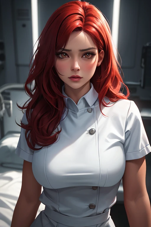 ((best quality)), ((Masterpiece)), (details:1.4), 3d, Image of a beautiful cyberpunk woman., HDR (high dynamic range), mature woman, Curtain Bangs, RED hair, white eyes, SWAT uniform, PBR surface, After processing, Anisotropic filtration,depth of field, Maximum clarity and clarity, multi-layered surface, perfect proportions, 8K raw files, cyberpunk, at night, ผมหลายชั้น, กระโปรงสั้น, natural lighting, soft lighting, sunlight, หน้าอกใหญ่,
