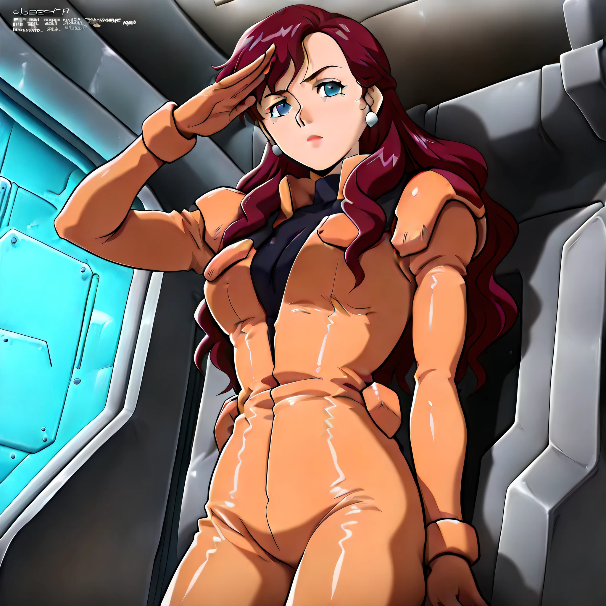 (((Masterpiece))), (((Best Quality))), ((Super Detail)), ultra-High resolution, score_9,score_8_up,score_7_up,score_6_up,score_5_up,score_4_up, BREAK, source_anime, anime screencap, uncensored, Masterpiece, (absurdres), (detailed background), (very aesthetic), detailed beautiful eyes, outstanding, countershading, detailed soft lighting, an exquisite animation illustration, curvy, highres, (((zanscare pilot suit))), gloves, uniform, bodysuit, pilot suit, orange bodysuit, (((solo, 1girl))), hair ornament, seductive pose, submissive pose, anime style, anime coloring, animification, megami magazine, sexy pose, small breast, salute, saluting, standing at attention, standing still, standing, expressionless, emotionless, spaceship interior, large breast, Junko, mature, blue eyes, purple hair, long hair, ear accessory, looking from front, view from front, from front