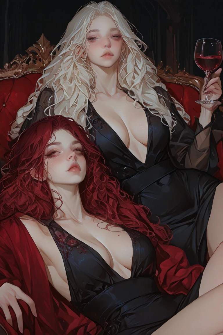 2 heads, a short skinny woman with 2 heads. In a bedroom. Laying in a bed. Lace bra. Gorgeous face. Cute. Happy. Young. Flirty. Goth. Messy red hair. Giant hard erect nipples. Pulling shirt. Seductive. Big tits.