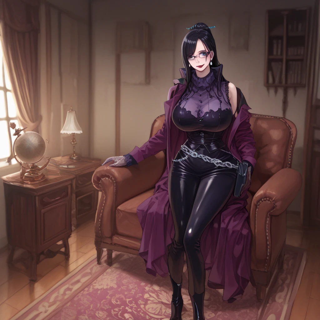 (highres, high quality:1.3), intricate details, vibrant image, sharpness, colorful,
luluffx, mature female, 1girl, solo, standing, , front view, , indoors, palace,
black hair, single hair bun, (hair over one eye, one eye covered:1.1), lipstick, makeup, detailed hair, purple necklace,
off-shoulder dress, black dress, strapless, fur trim, black gloveultiple belts:1.1), (black thighhighs:1.1), garter straps, (high heel boots:1.1),
curvy, thighs, gigantic breasts, covered ass,