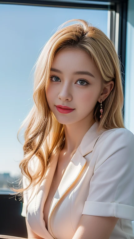 Highest quality、High resolution、8k wallpaper、Dense and beautiful eye-glue hair、(Beautiful breasts:1.3)、Natural color lip、2 woman、Blonde、smile、Semi-long hair、Hair tied up、Wearing a necklace and earrings、Wearing a black blouse、Cafe、Coffee shop、sunny、outside、Sitting in a chair