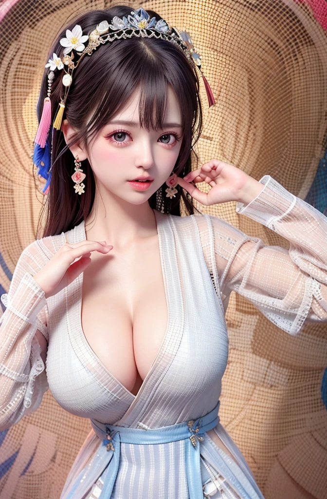 Highest Quality, Highest image quality, RAW Photos, Realistic, photo-Realistic, ultra detailed and beautiful, highest details, 1young girls, good-looking, Beautiful fair skin and luster, Beautiful eyes are big and bright, Small mouth and thin lips, Long black hair blown in the wind, Good style and slenderness, (Beautiful big breasts:1.3), She has a cheerful personality and a cute smile., Natural makeup, Pearl Pin Crips, (Fantastic costumes:1.3), portrait of cute girl, Beautiful girl illuminated by seven colors of light, Irridescent color,