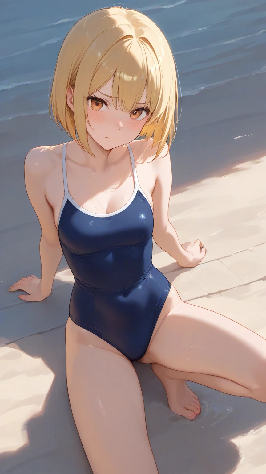 top-quality、Full limbs、complete fingers、Slender beauty、straight haired、Bery short hair、Light blue sailorsk swimsuit、Small eyes、a bed、natta、Sitting