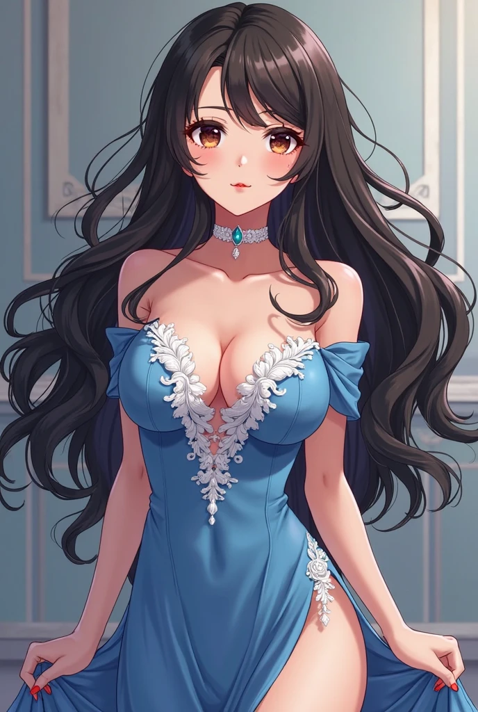  nari sitting in , blue eyes, black hair  , silky long blunt wavy hair, big breasts,long big glowing silver chandelier earrings,lipstick , stocking, smiling 