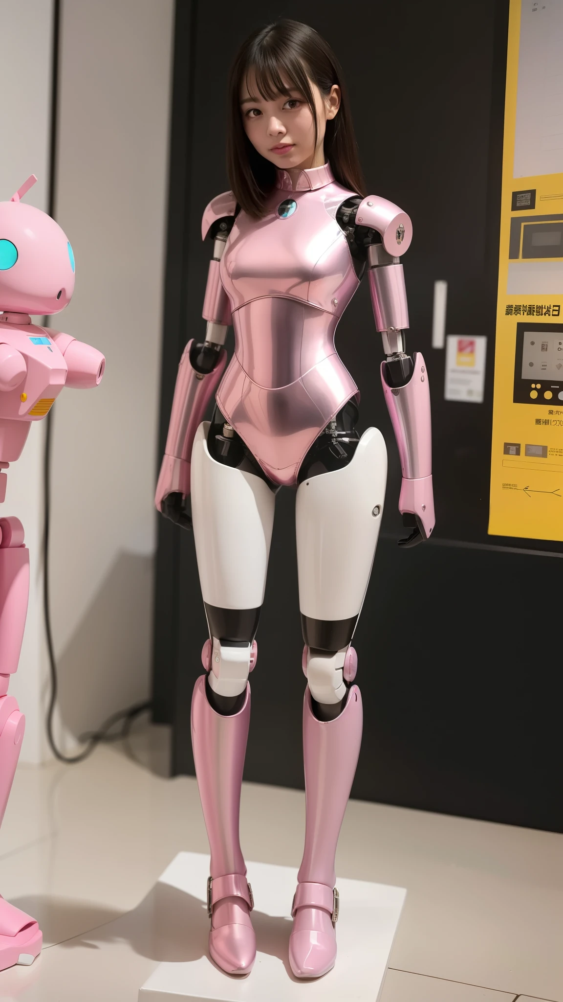 Robot Girl, pink there, Silver, Metallic body, Robot Parts, Metal Parts, Super Detailed Face, Super well-formed face, of the highest quality, a small face, a small head, Brown hair, Slender body, Camera gaze, Internal Mechanical Exposure, Idol, front facing, Well-proportioned body, sale, exhibition, Event Hall, Moe Pose, no sleeve pink metallic Lolita style Dress Machine Armor, Standing with legs open, Model body type, sad, Embarrassing,(Perfect Robot Girl),(Perfect machine body)