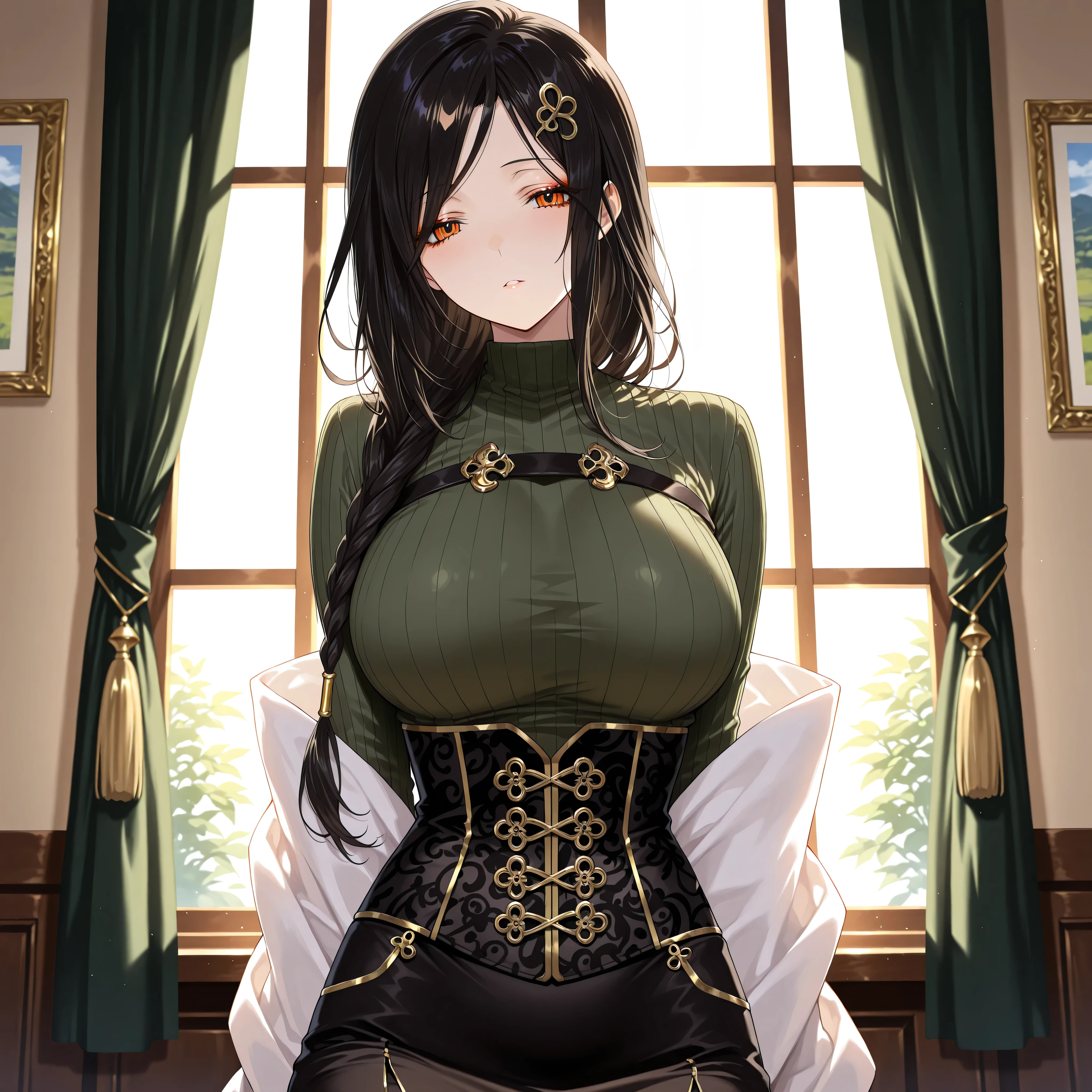 solo,masterpiece,best quality,super fine illustration、finely detail 、clear picture、UHD、HDR, amazing quality, highres, absurdres, very aesthetic, high resolution, ultra detailed, perfect details,(masterpiece, detailed:1.2)、nijitomoe,large breasts,orange eyes,black hair,makeup,long hair,single braid,hair over sholuder,hair ornament,mature female,nijitomoecos,green sweater,ribbed sweater,long sleeves,gold trim,black corset,black skirt,long skirt,white shawl,