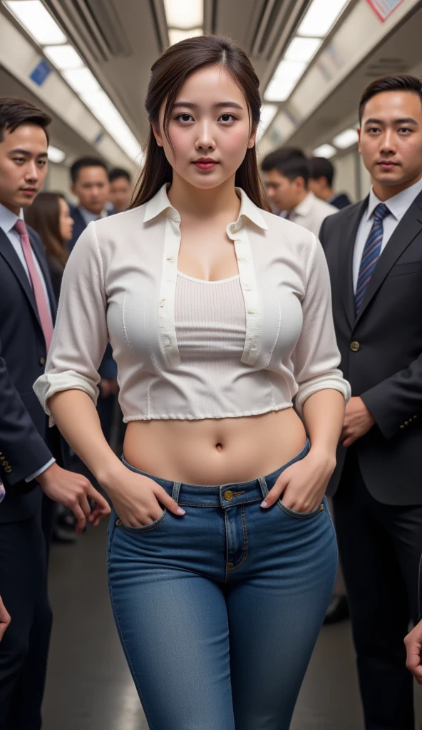 Shirt lift,((Highest quality、8K resolution、Masterpiece、anthropology:1.3)), Photorealistic, 35mm film, One Girl, Mature Woman,((OL_business suit_Belly button tight skirt))、((I'll even flip up your bra、Nipples are visible)、Beauty, Wrinkles around the eyes,Wrinkles around the mouth、Glamour,Captivating smile、Naughty look、Heavy breathing,Full Body Shot, Looking at the audience, (Sweat) ,Outdoor Shot_On the streets of the city