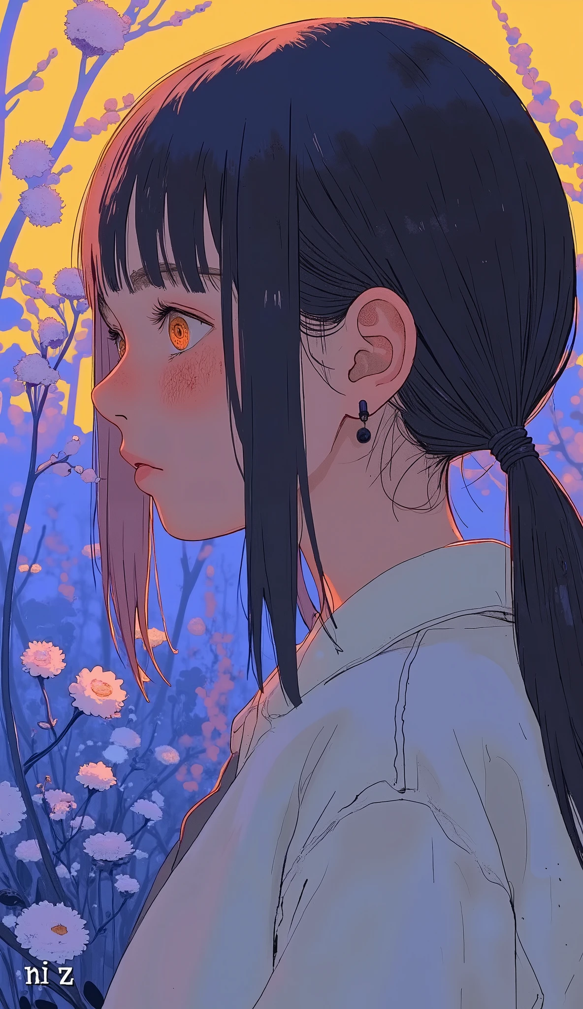 The image shows a close-up profile of the person who has twin tails with long hair, Dark hair with soft reflections and subtle highlights, warm lighting. Probably part of an art work or graphic design, with a vibrant color combination、 Suggests a vibrant outdoor environment, Perhaps it is accompanied by a park or garden . The color combination creates a calm and warm atmosphere. The one below the image , character "n i z" It clearly stands out, sans-serif font, Minimalism and gentle contrasts. The composition suggests tranquility, Minimalism and gentle contrasts. The interplay of light and shadow adds depth to the scene, The background is artistically blurred.
