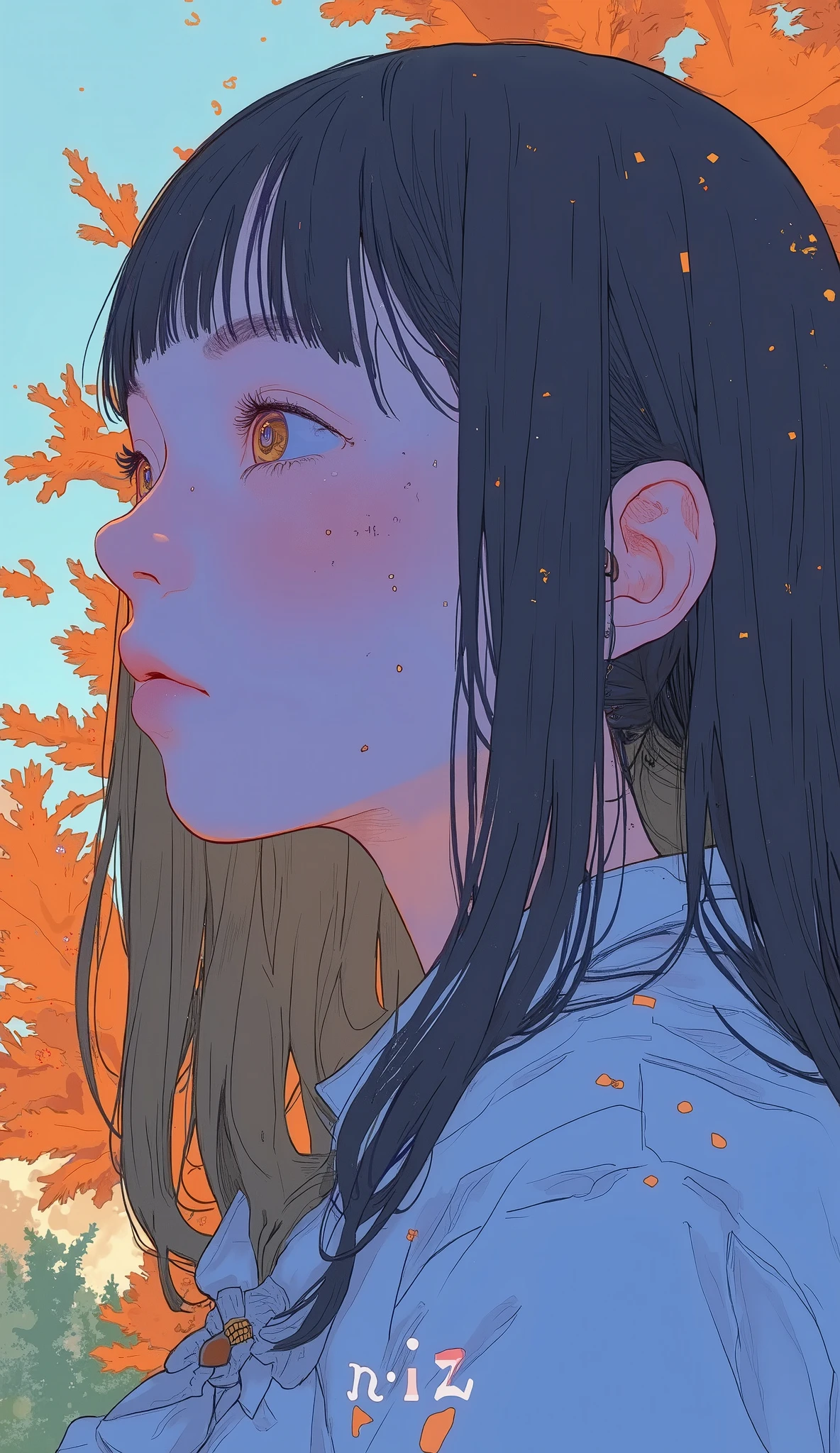 The image shows a close-up profile of the person who has twin tails with long hair, Dark hair with soft reflections and subtle highlights, warm lighting. Probably part of an art work or graphic design, with a vibrant color combination、 Suggests a vibrant outdoor environment, Perhaps it is accompanied by a park or garden . The color combination creates a calm and warm atmosphere. The one below the image , character "n i z" It clearly stands out, sans-serif font, Minimalism and gentle contrasts. The composition suggests tranquility, Minimalism and gentle contrasts. The interplay of light and shadow adds depth to the scene, The background is artistically blurred.