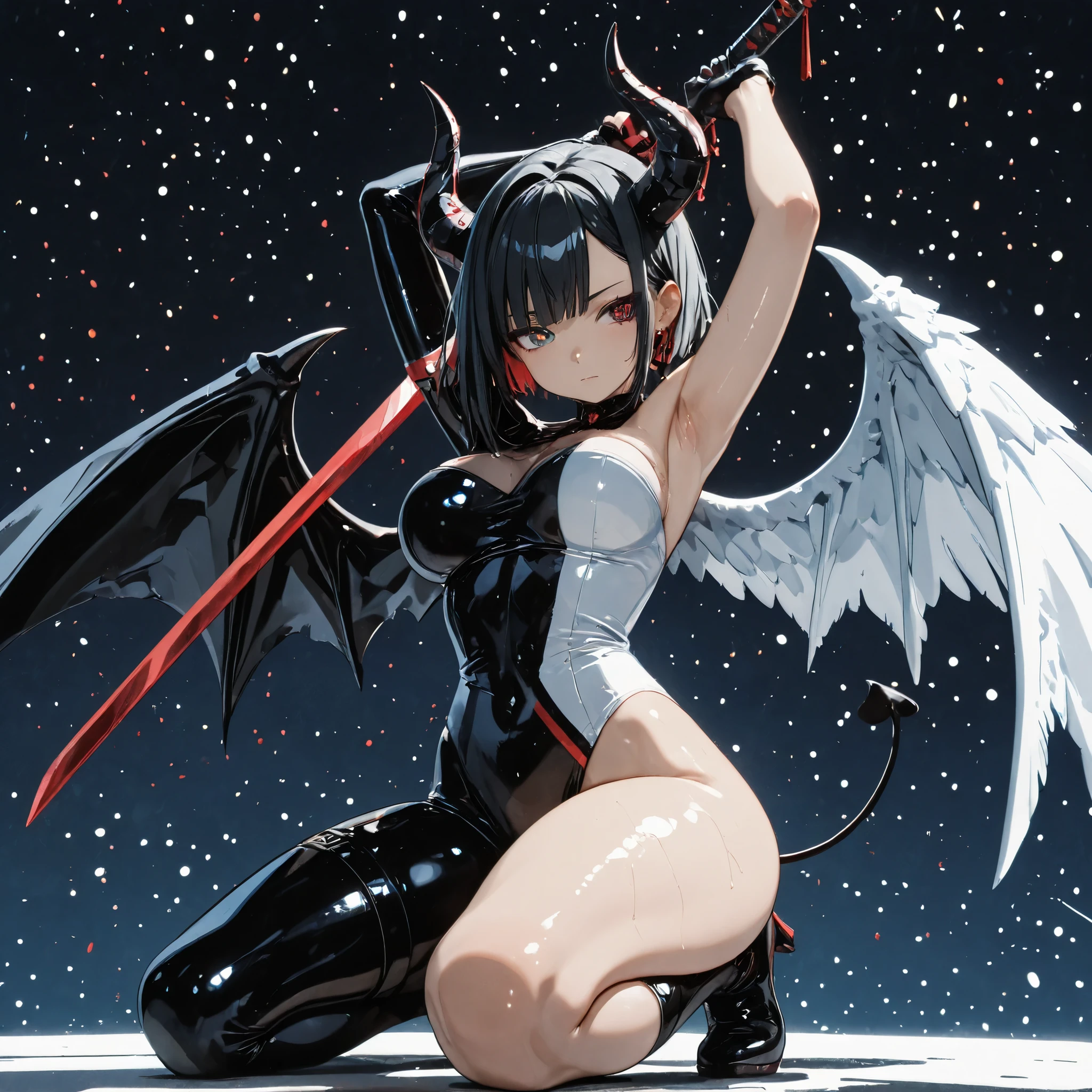 absurdres, newest,add-detail, intricate details, highres, incredibly absurdres, (high detailed lighting and refraction), (light diffusion), (cinematic lighting), ultra detailed skin texture, (anime style, cel rendering, anime coloring, anime style masterpiece face :1.2),ultra detailed eyes and pupils,
(two-tone background:1.3)
backlighting, neon lighting, (light particles), from front,
1girl, solo, demon girl, angle girl, (white-and-black clothes:1.4), two-tone clothes, asymmetrical legwear,asymmetrical bangs,asymmetrical hair,asymmetrical gloves,asymmetrical clothes,asymmetrical wings, white angel wing, black bat wing, asymmetrical footwear,asymmetrical horns, asymmetrical sidelocks,,mismatched earrings,asymmetrical dress,asymmetrical bodysuit,asymmetrical eyelashes,heterochromia,
arms up, holding sword, kneeling, large breasts, wide hips, thick thighs, narrow waist, high detailed armpits,(shiny skin:1.3)