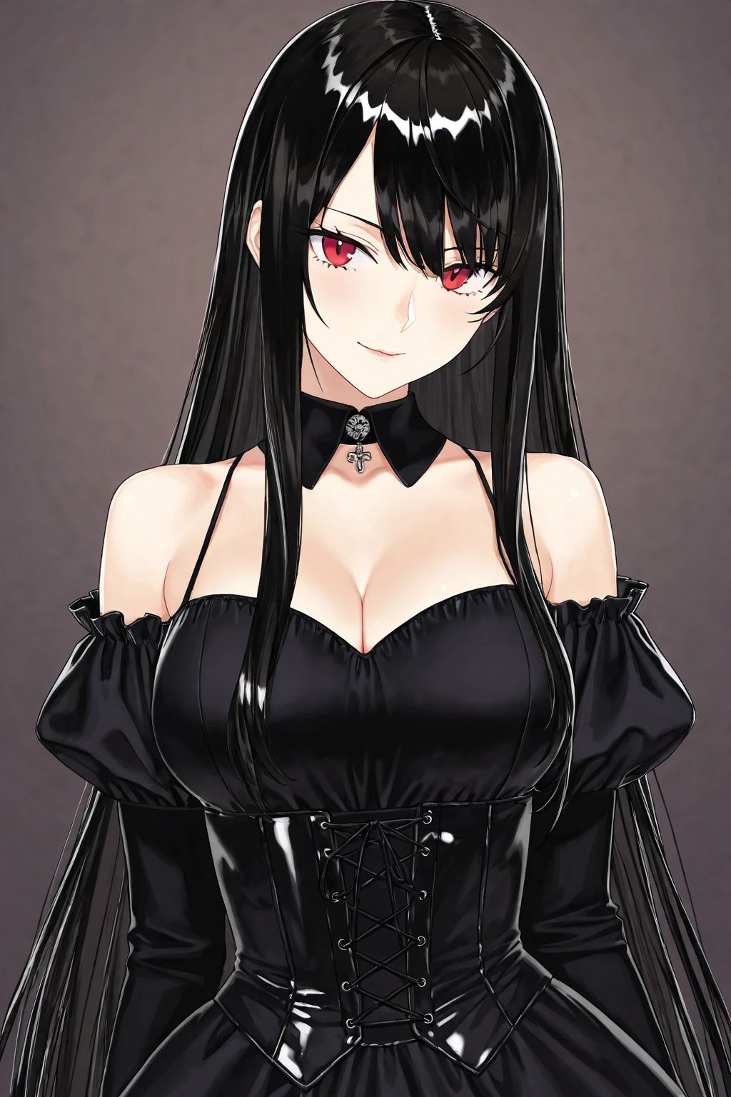 1 girl、Detailed facial details，Cat ear，Black long hair,red lips，Slim，Large Breasts，Wearing black latex tights maid outfit，Silk clothing，With red bow tie，Charming red eyes,，handcuffs，collar，Radiant Skin，Bright restaurant