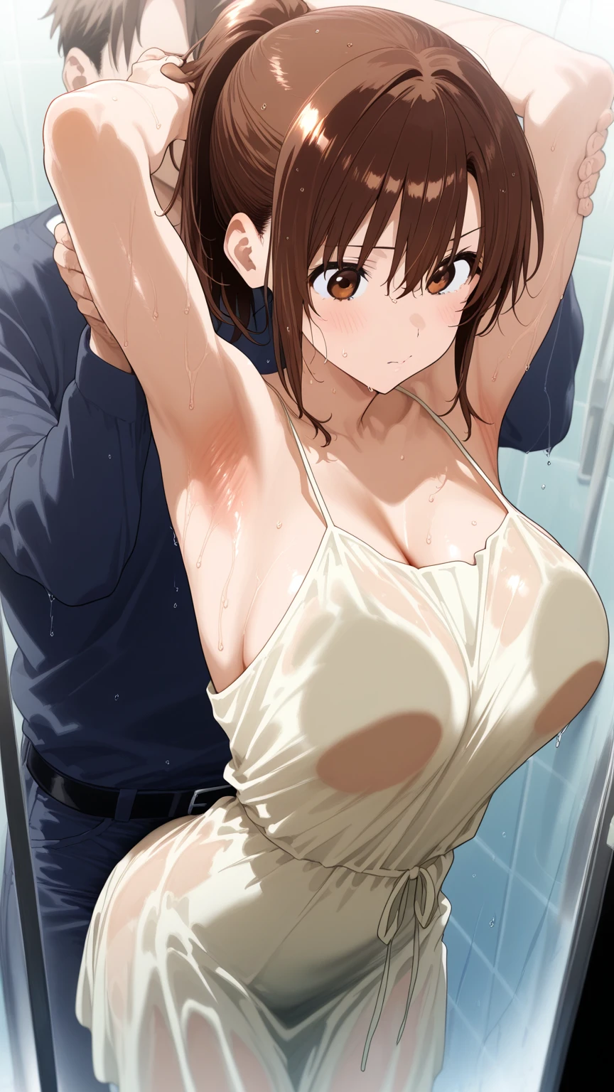 、(masterpiece、Highest quality)、Highest quality, Ultra-high resolution, (((masterpiece))), alone, Sweat、Big eyes, Composition from the front、Shortcuts、Embarrassed face、Bronze colored hair、Cut the back hair short、Bathroom、Shower scene、 Expose、Completely naked、pubic hair、belly button、Large areola、Nipples、short hair